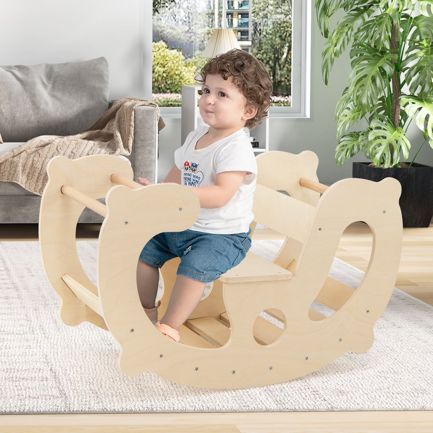 2-in-1 Rocking Horse Arch for Kids Montessori Climbing Toys with Arch Climber-Natural Kids Crystal