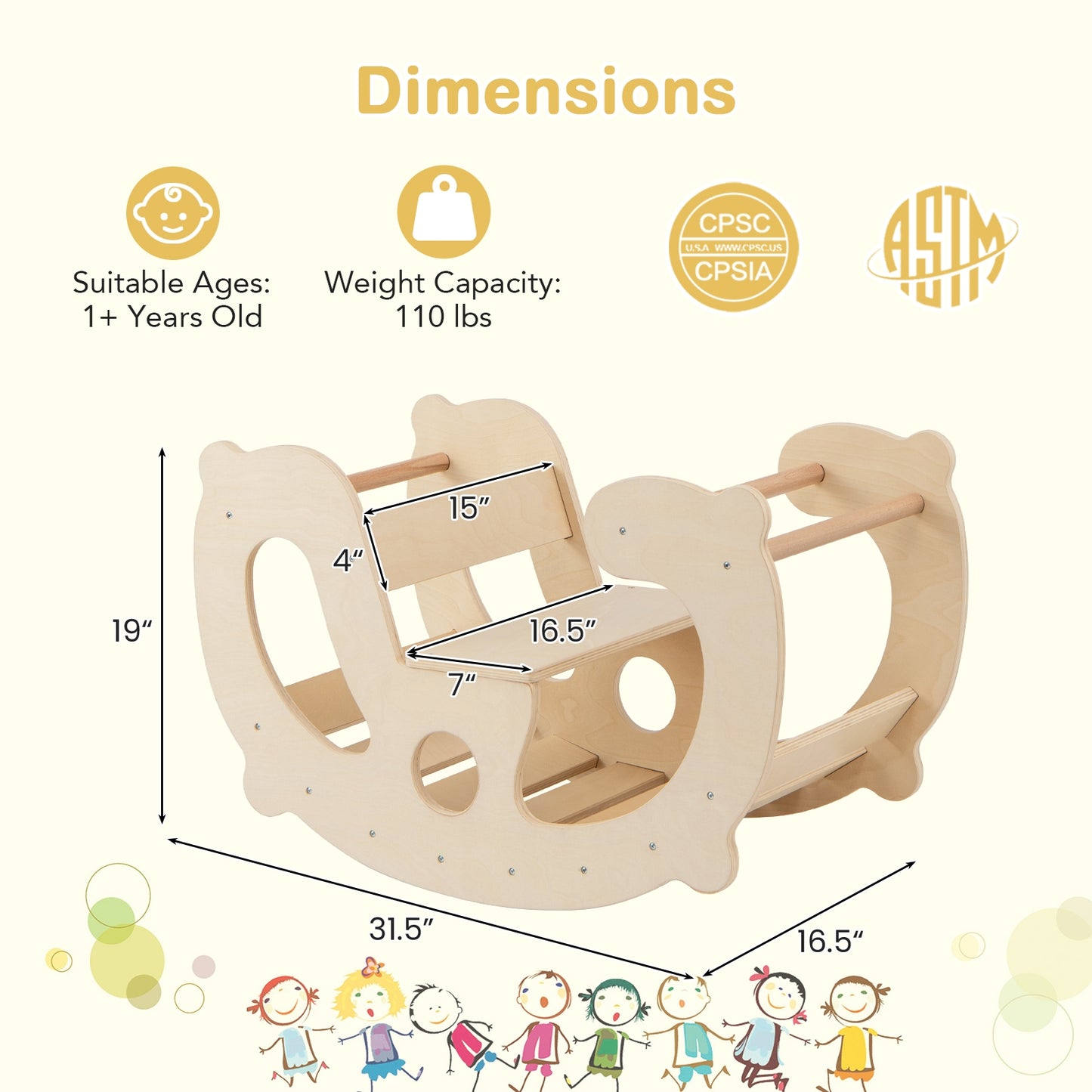2-in-1 Rocking Horse Arch for Kids Montessori Climbing Toys with Arch Climber-Natural Kids Crystal