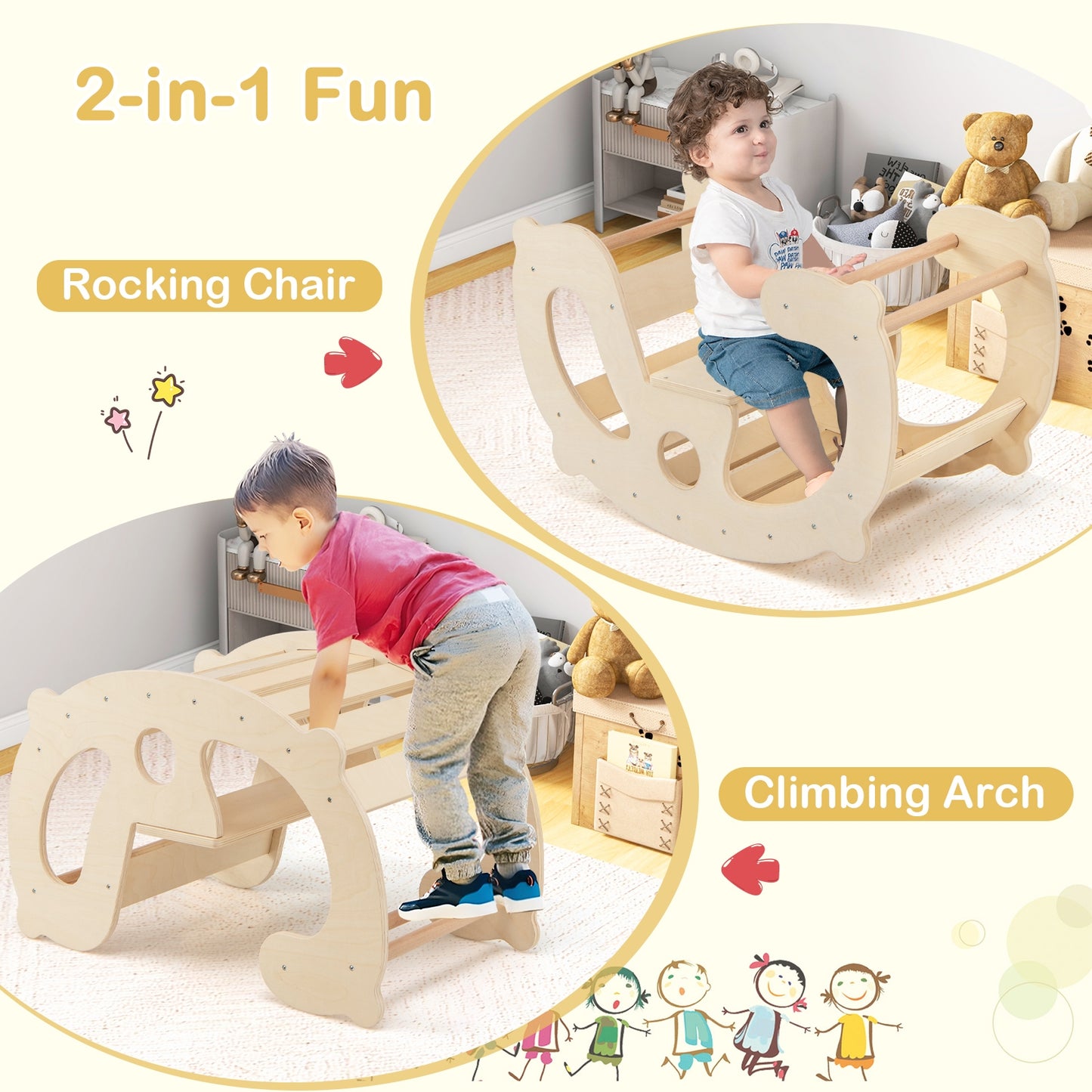 2-in-1 Rocking Horse Arch for Kids Montessori Climbing Toys with Arch Climber-Natural Kids Crystal
