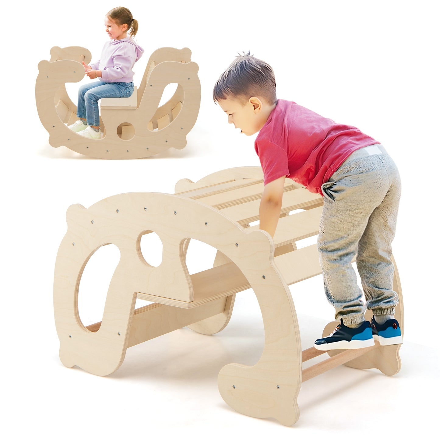 2-in-1 Rocking Horse Arch for Kids Montessori Climbing Toys with Arch Climber-Natural Kids Crystal