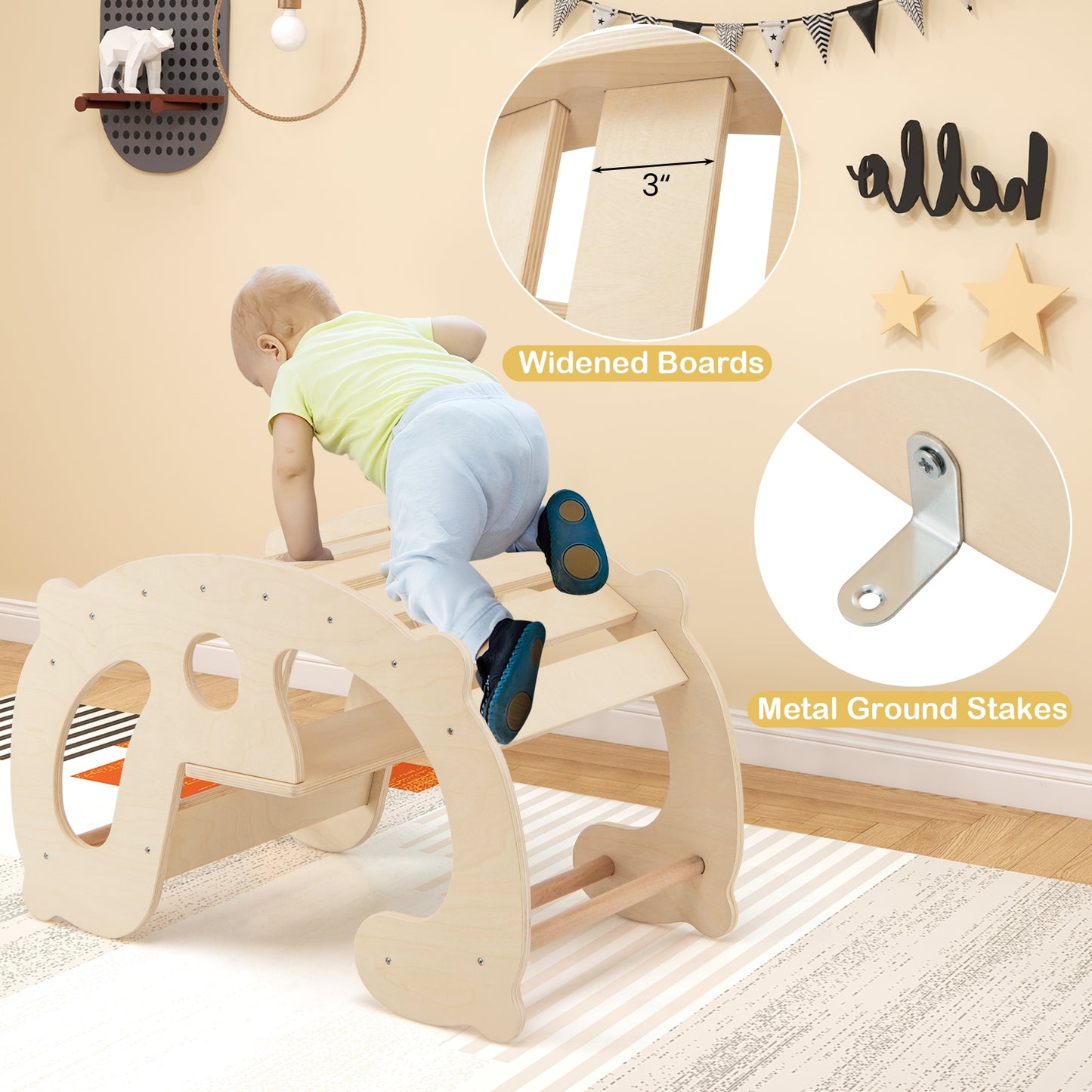 2-in-1 Rocking Horse Arch for Kids Montessori Climbing Toys with Arch Climber-Natural Kids Crystal