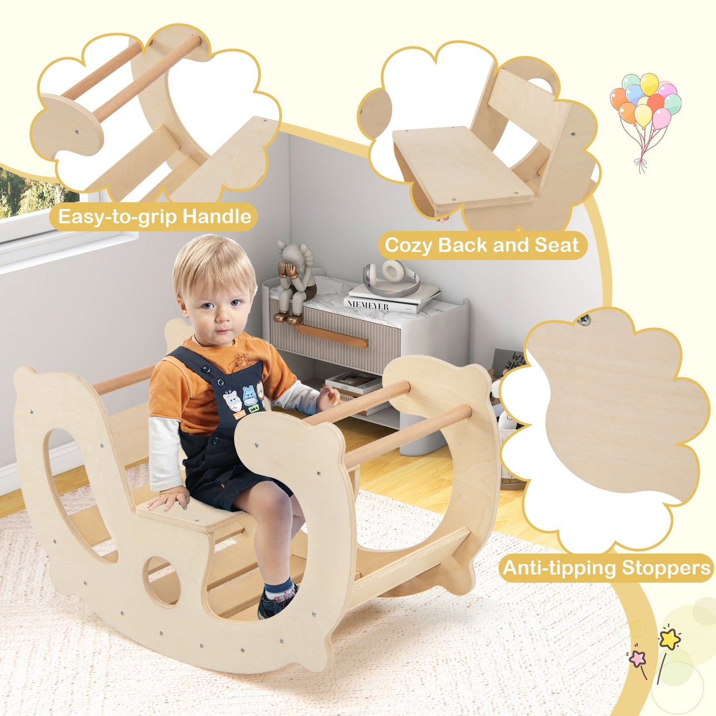 2-in-1 Rocking Horse Arch for Kids Montessori Climbing Toys with Arch Climber-Natural Kids Crystal