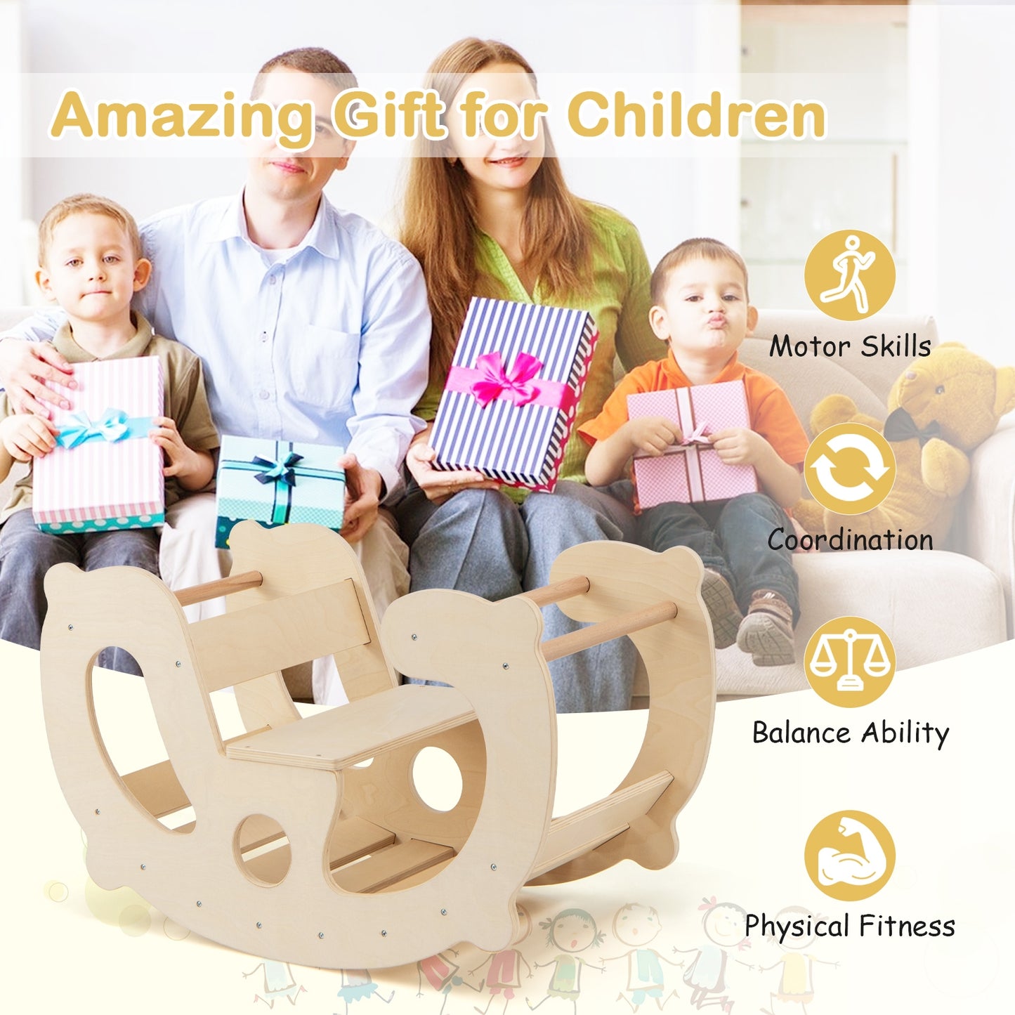 2-in-1 Rocking Horse Arch for Kids Montessori Climbing Toys with Arch Climber-Natural Kids Crystal