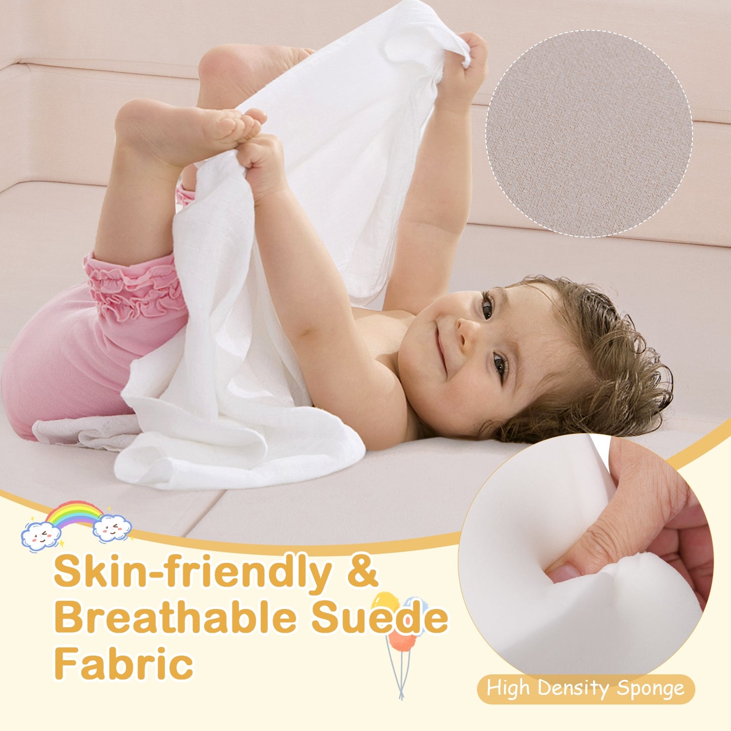 9-Piece Climb and Crawl Foam and Floor Playset with Breathable Suede Fabric-Beige