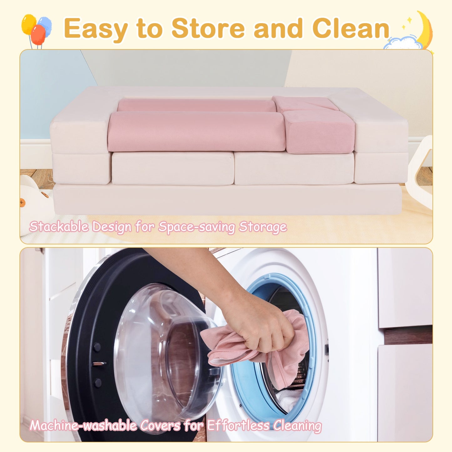 9-Piece Climb and Crawl Foam and Floor Playset with Breathable Suede Fabric-Pink Kids Crystal