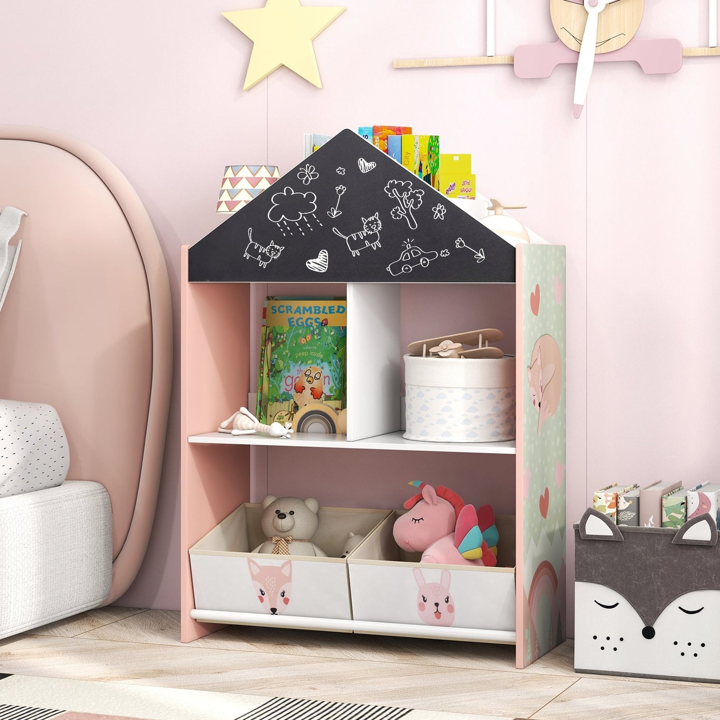 Playhouse Kids Bookshelf with Chalkboard and Whiteboard for 3-6 Years-Pink Kids Crystal