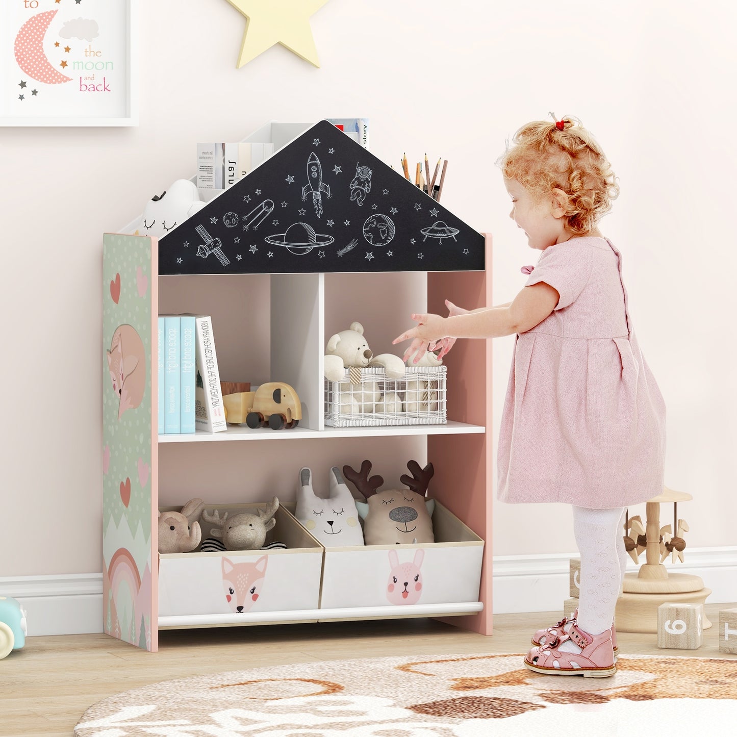 Playhouse Kids Bookshelf with Chalkboard and Whiteboard for 3-6 Years-Pink Kids Crystal