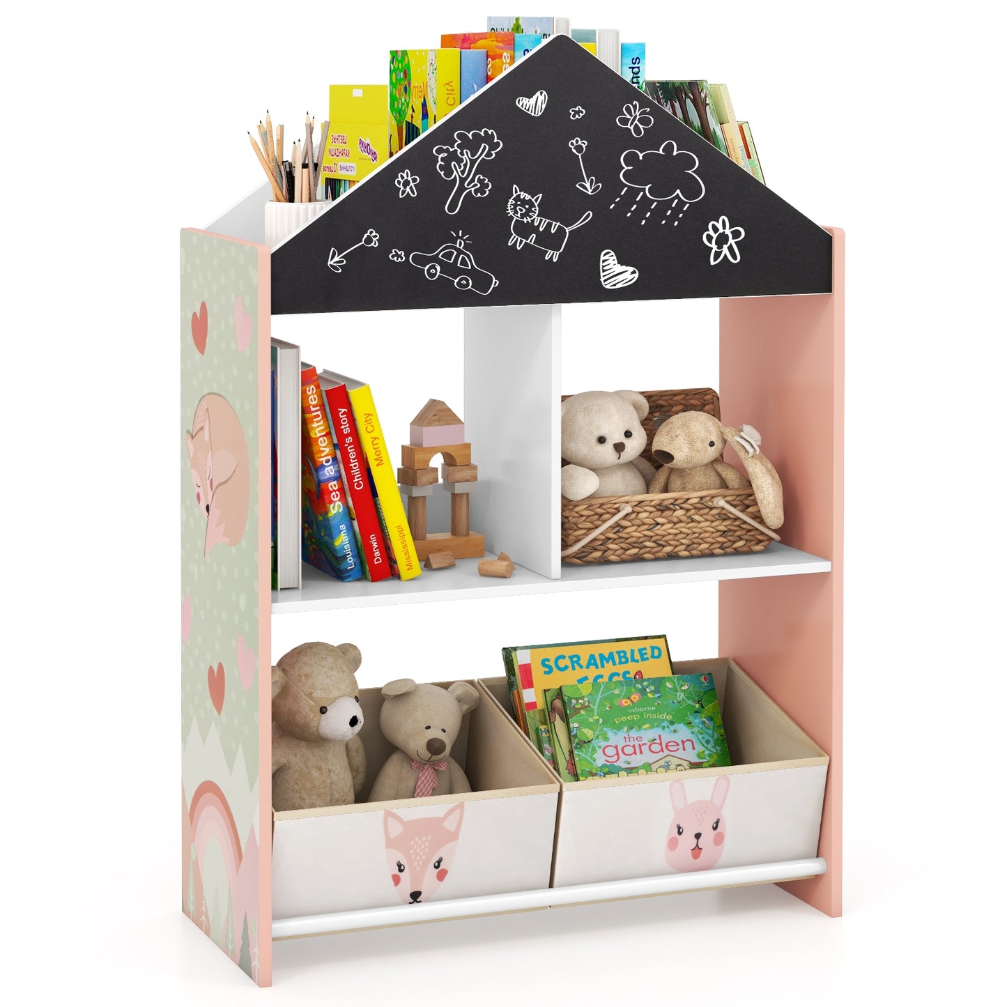 Playhouse Kids Bookshelf with Chalkboard and Whiteboard for 3-6 Years-Pink Kids Crystal