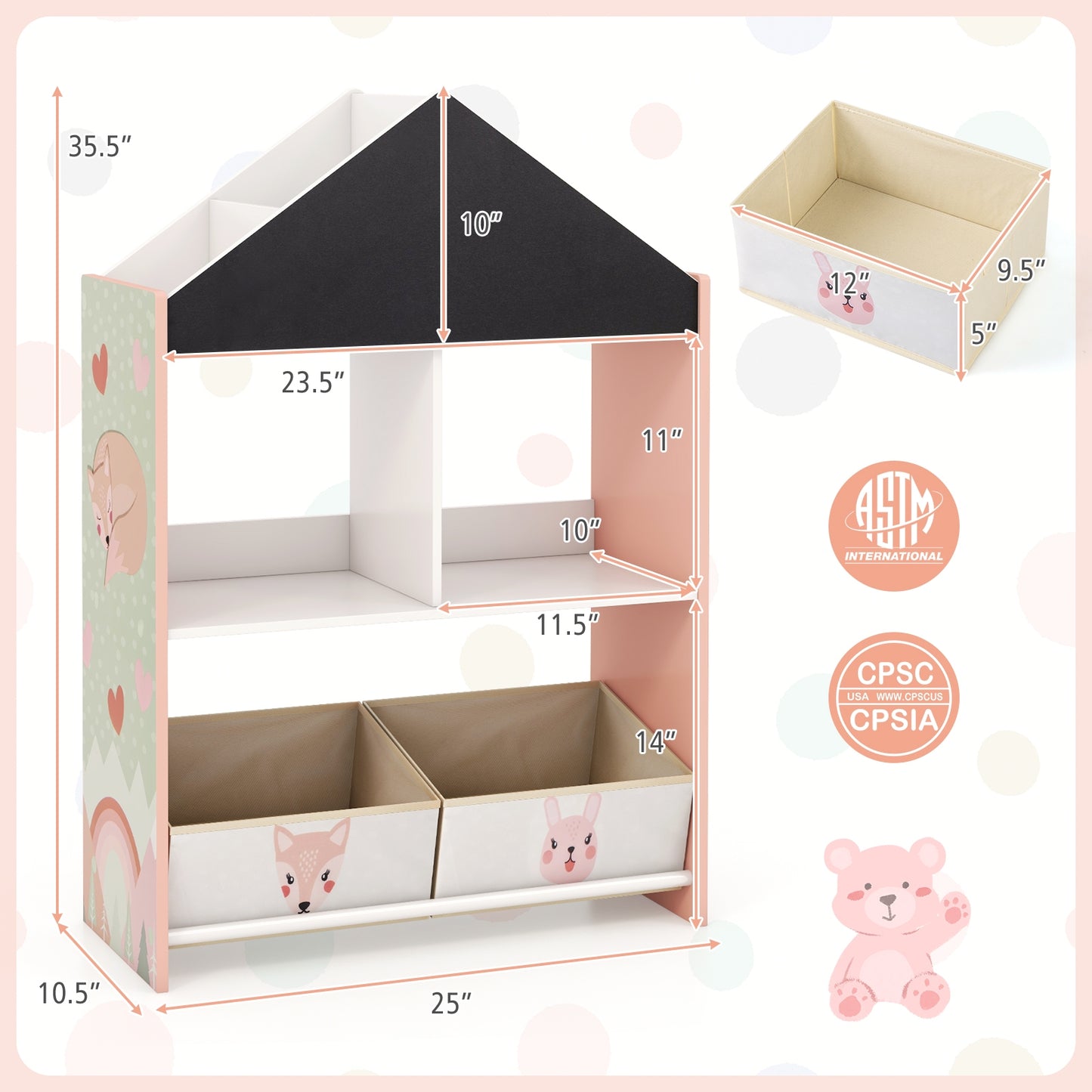 Playhouse Kids Bookshelf with Chalkboard and Whiteboard for 3-6 Years-Pink Kids Crystal