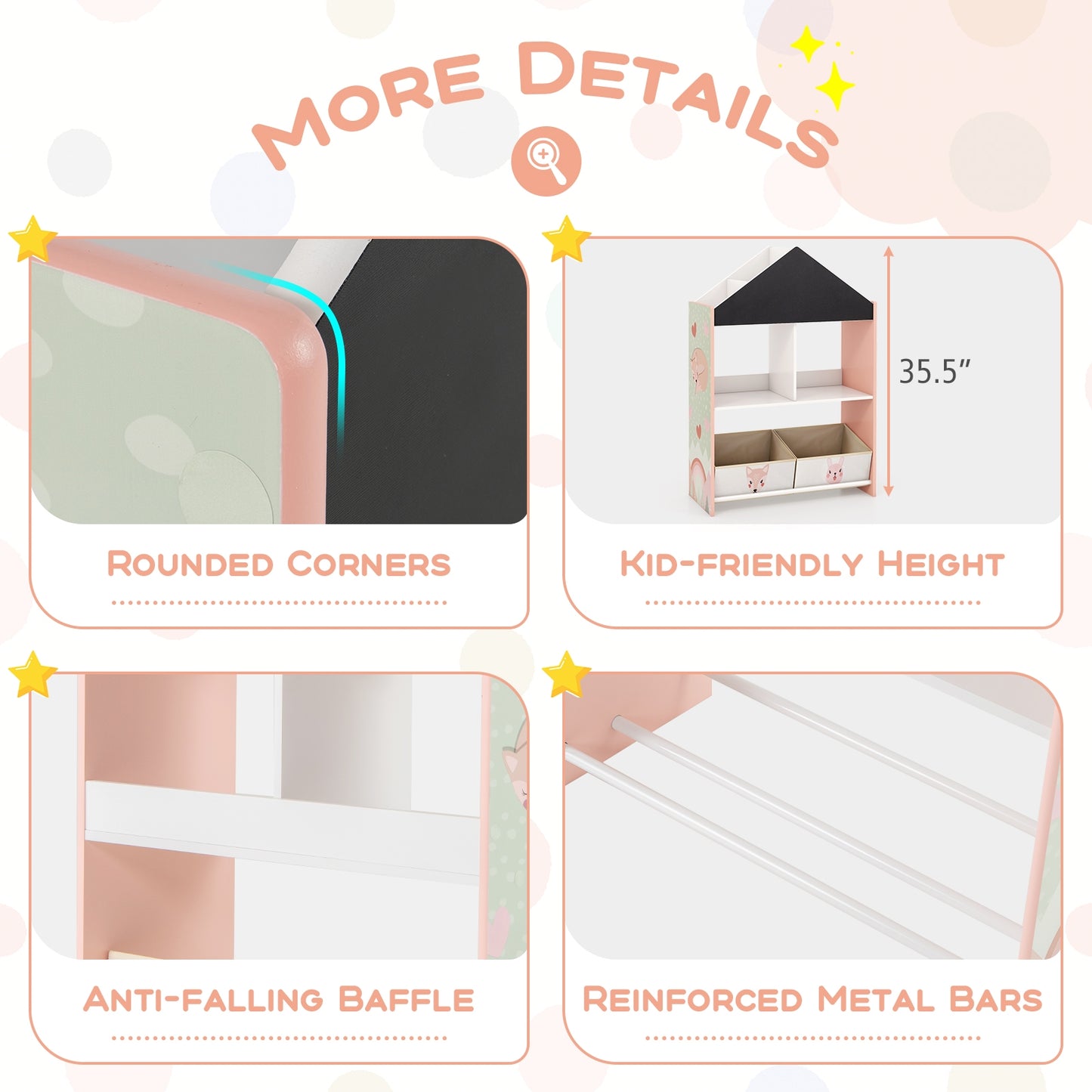 Playhouse Kids Bookshelf with Chalkboard and Whiteboard for 3-6 Years-Pink Kids Crystal