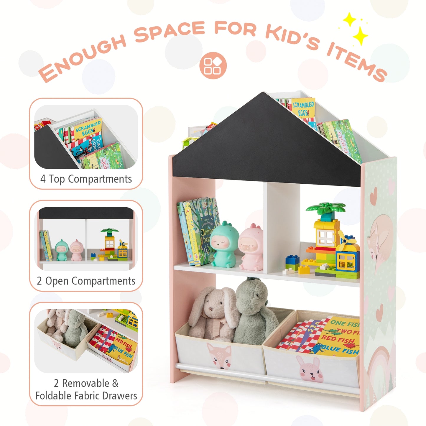 Playhouse Kids Bookshelf with Chalkboard and Whiteboard for 3-6 Years-Pink Kids Crystal