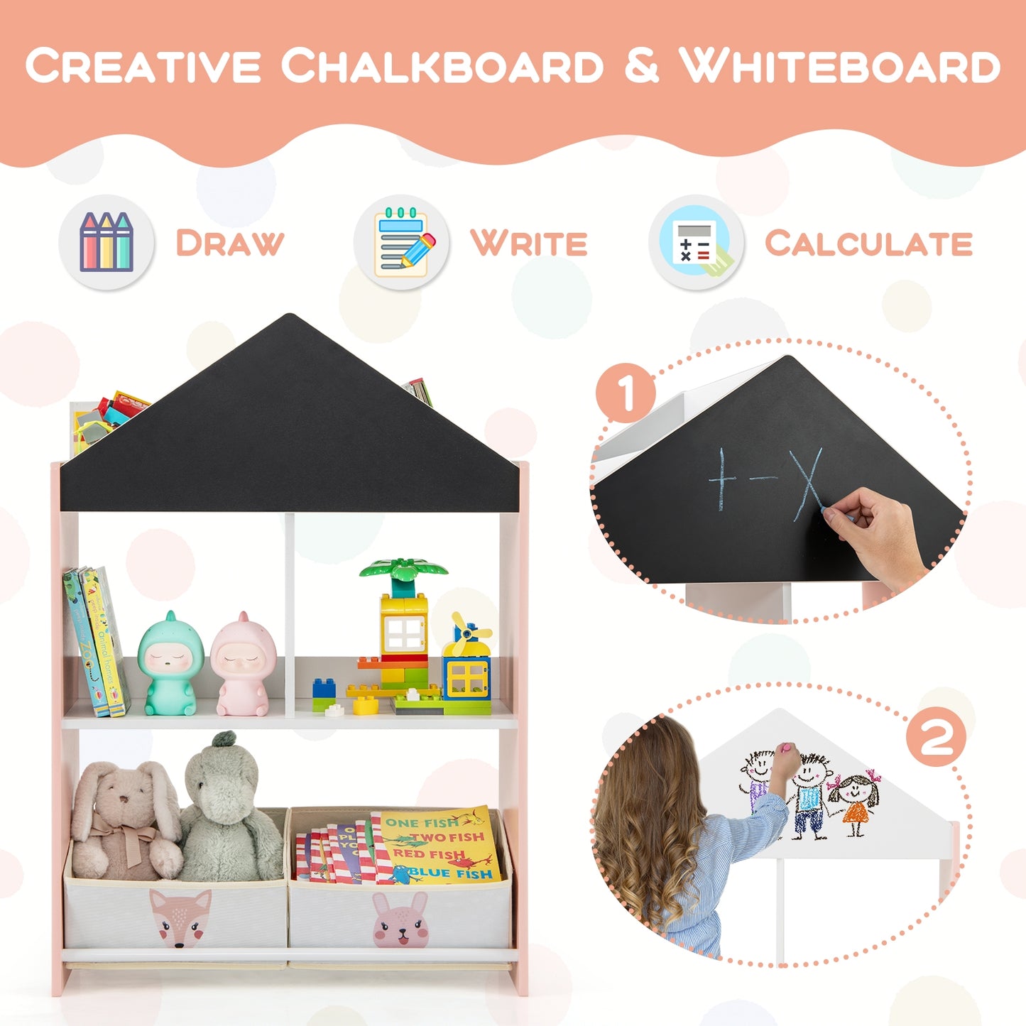 Playhouse Kids Bookshelf with Chalkboard and Whiteboard for 3-6 Years-Pink Kids Crystal