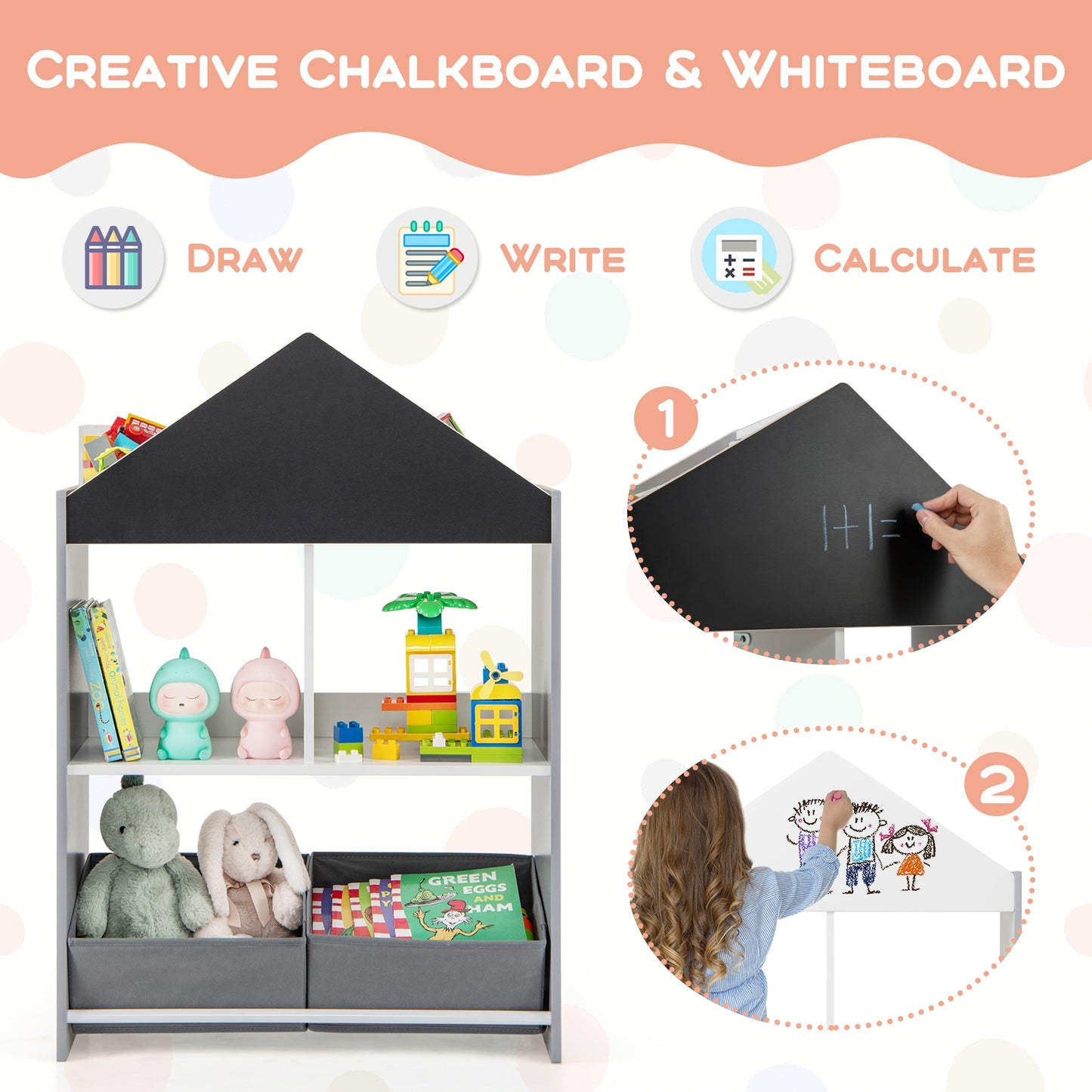 Playhouse Kids Bookshelf with Chalkboard and Whiteboard for 3-6 Years-Gray Kids Crystal