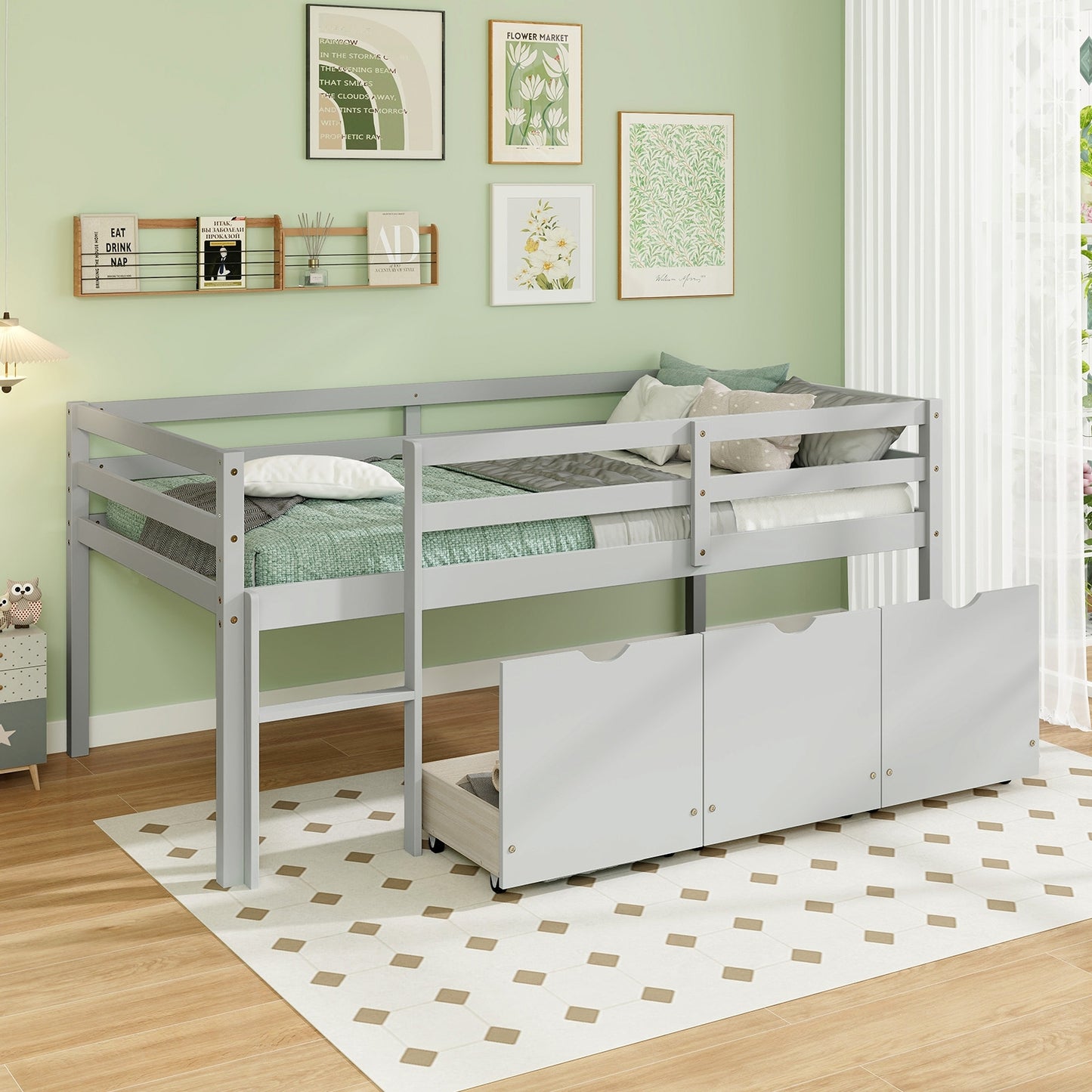 Twin Size Low Loft Bed with 3 Drawers with Ladder and Full-length Guardrails-Gray Kids Crystal