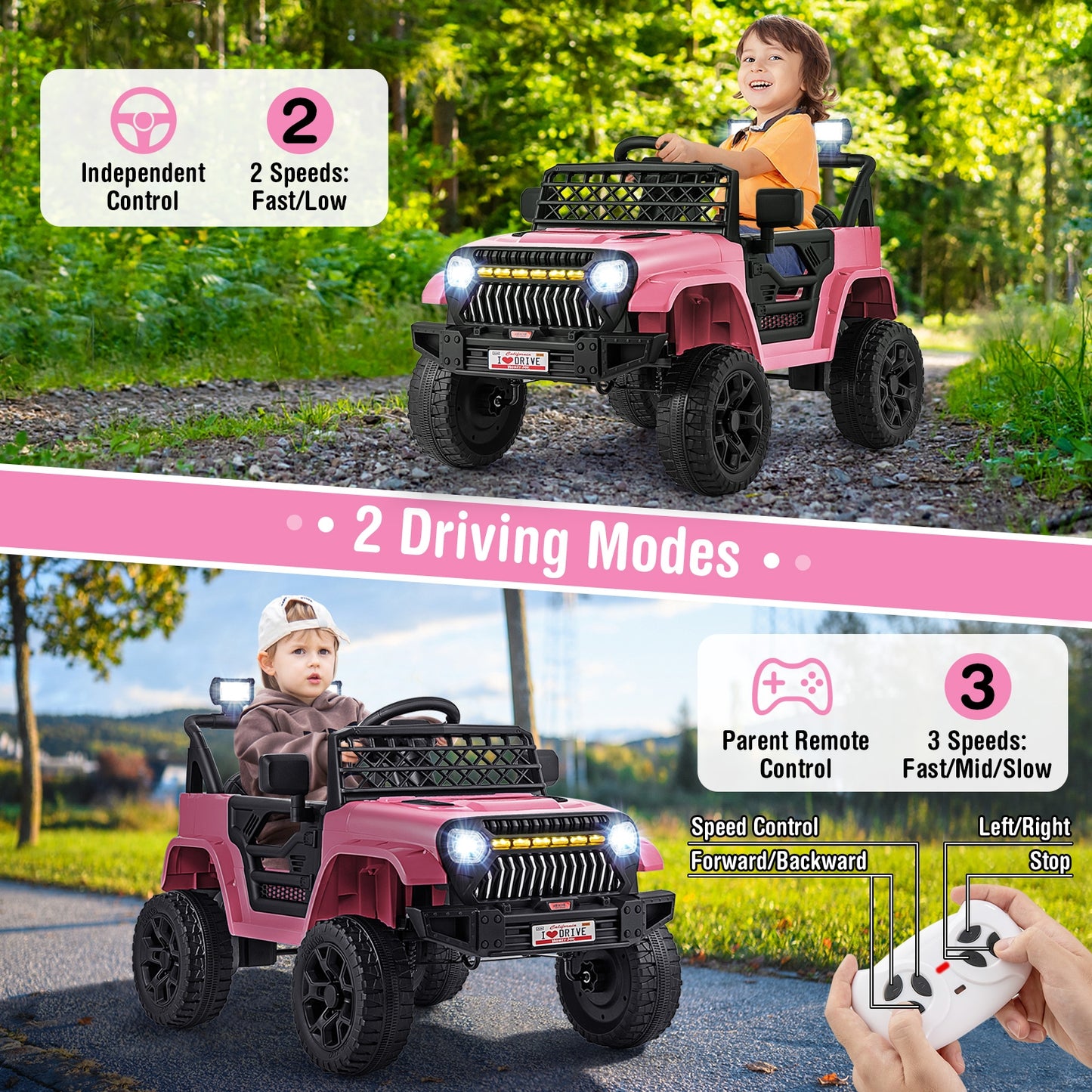 12V Kids Ride on Truck Car with Parental Remote and Music Player-Pink Kids Crystal