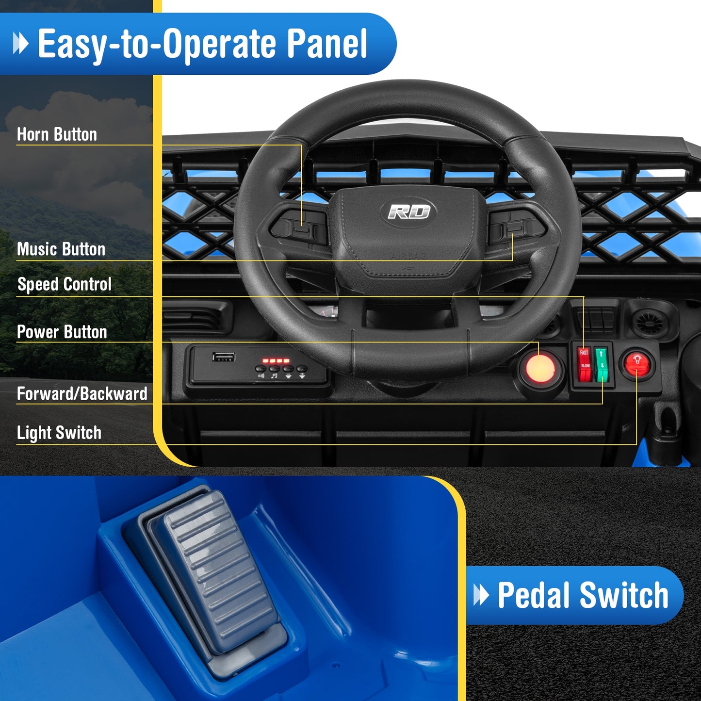 12V Kids Ride on Truck Car with Parental Remote and Music Player-Navy Kids Crystal