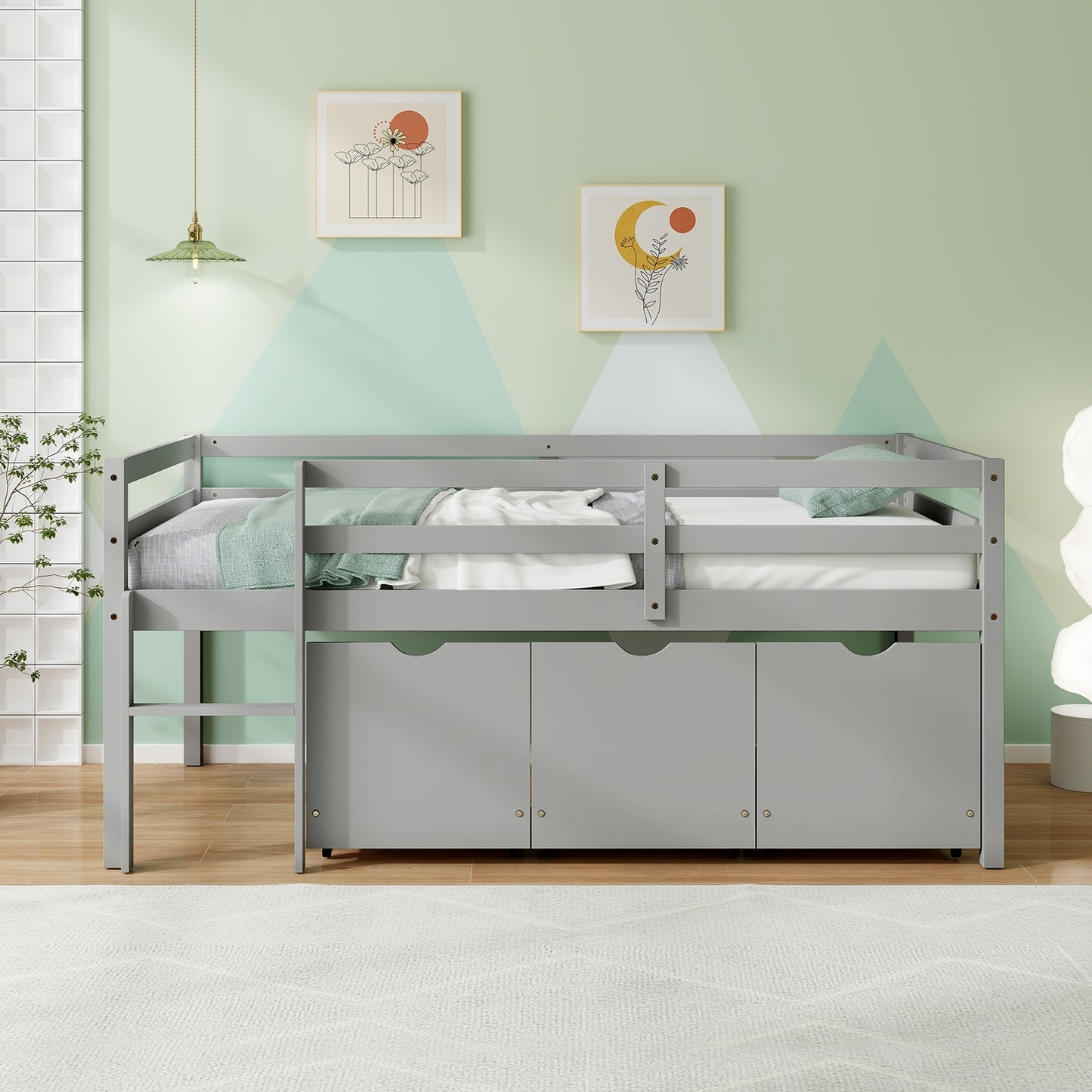 Twin Size Low Loft Bed with 3 Drawers with Ladder and Full-length Guardrails-Gray Kids Crystal