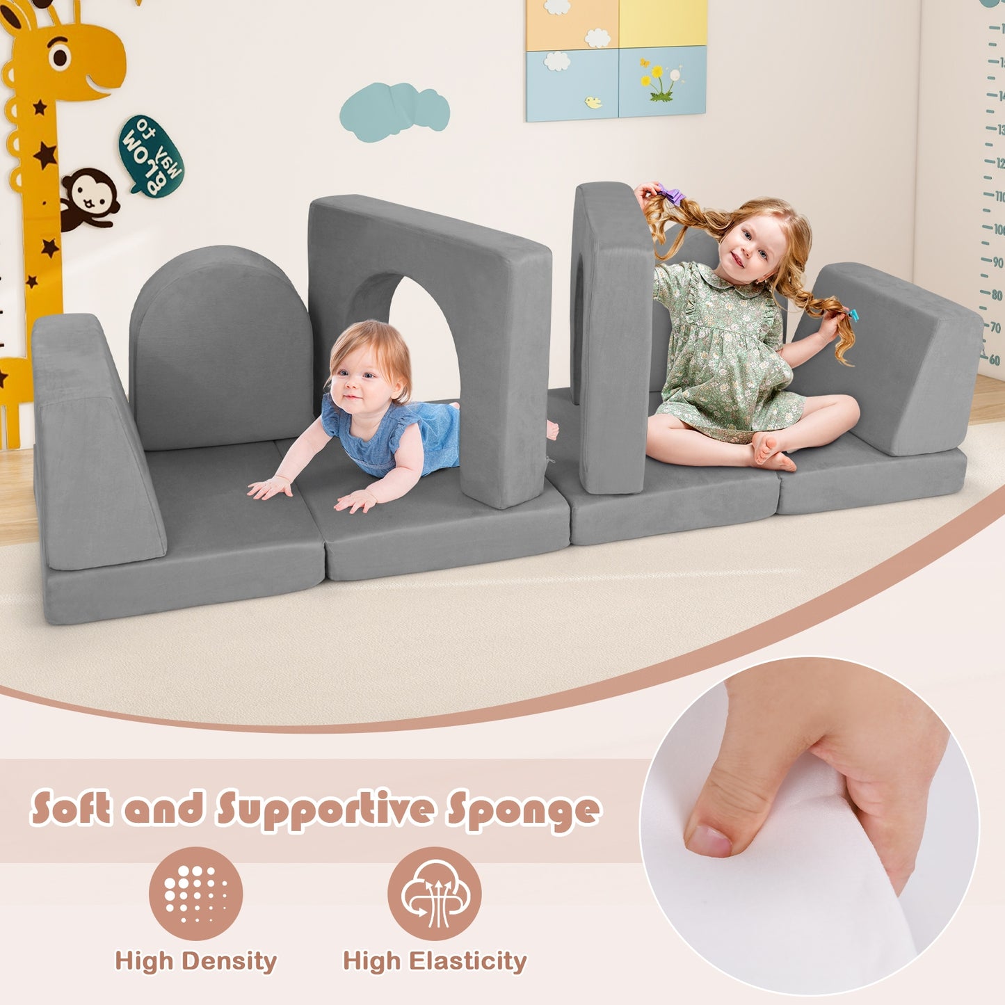 8-Piece Modular Kids Play Couch with Comfy Suede Fabric-Gray