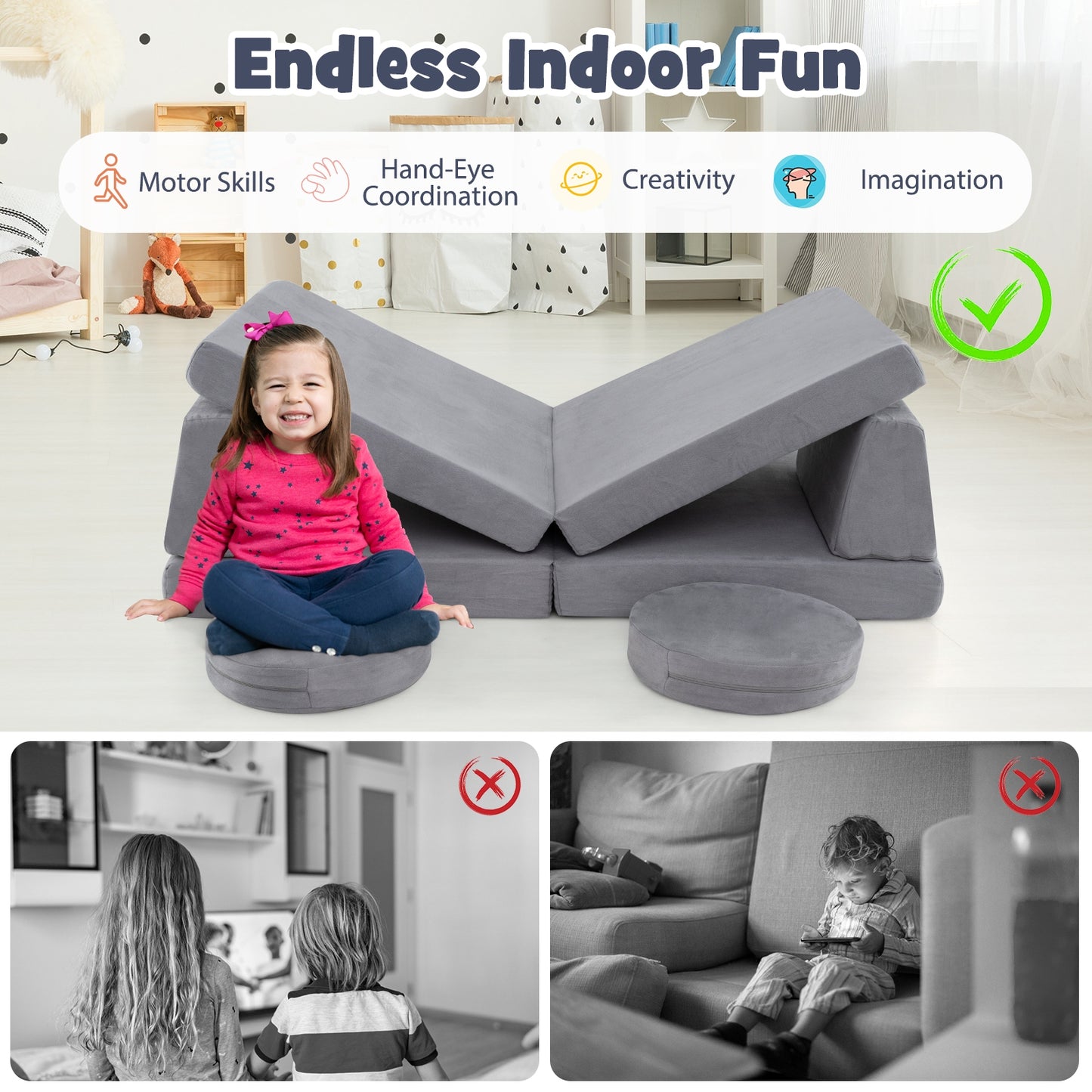 6 Pieces Modular Kids Play Couch Set with Washable Covers for Living Room Playroom-Gray Kids Crystal