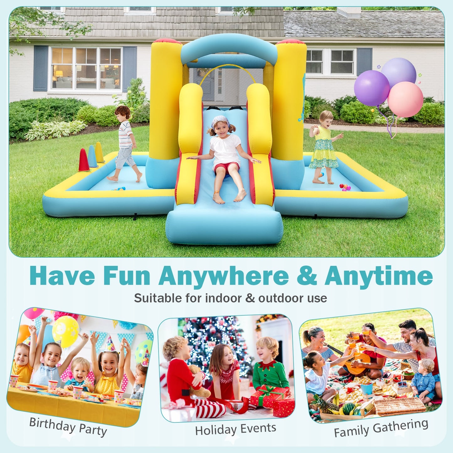 Inflatable Bounce House 7-in-1 Bouncy Castle with Slide and Tunnel without Blower Kids Crystal