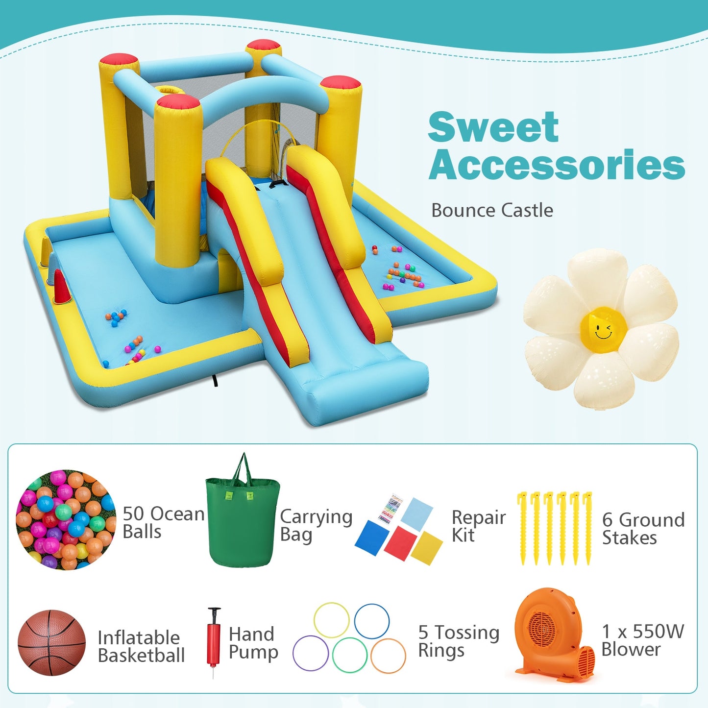 Inflatable Bounce House 7-in-1 Bouncy Castle with Slide and Tunnel with 550W Blower Kids Crystal