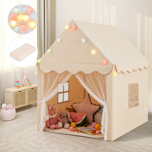 Kids Playhouse Tent with Star Lights and Mat-Beige Kids Crystal