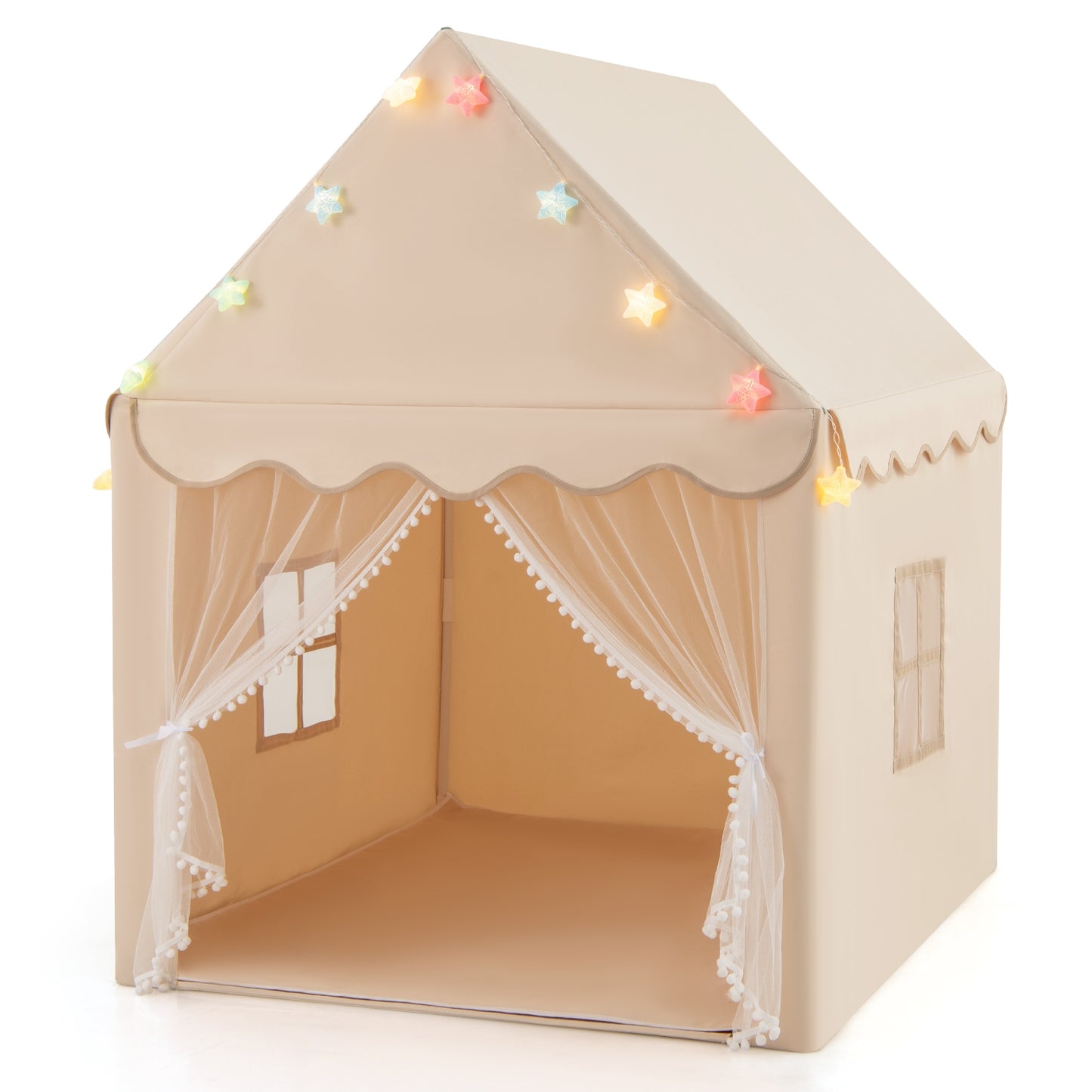 Kids Playhouse Tent with Star Lights and Mat-Beige Kids Crystal
