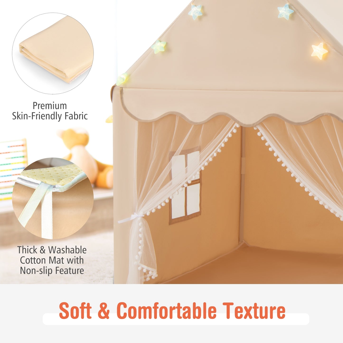 Kids Playhouse Tent with Star Lights and Mat-Beige Kids Crystal