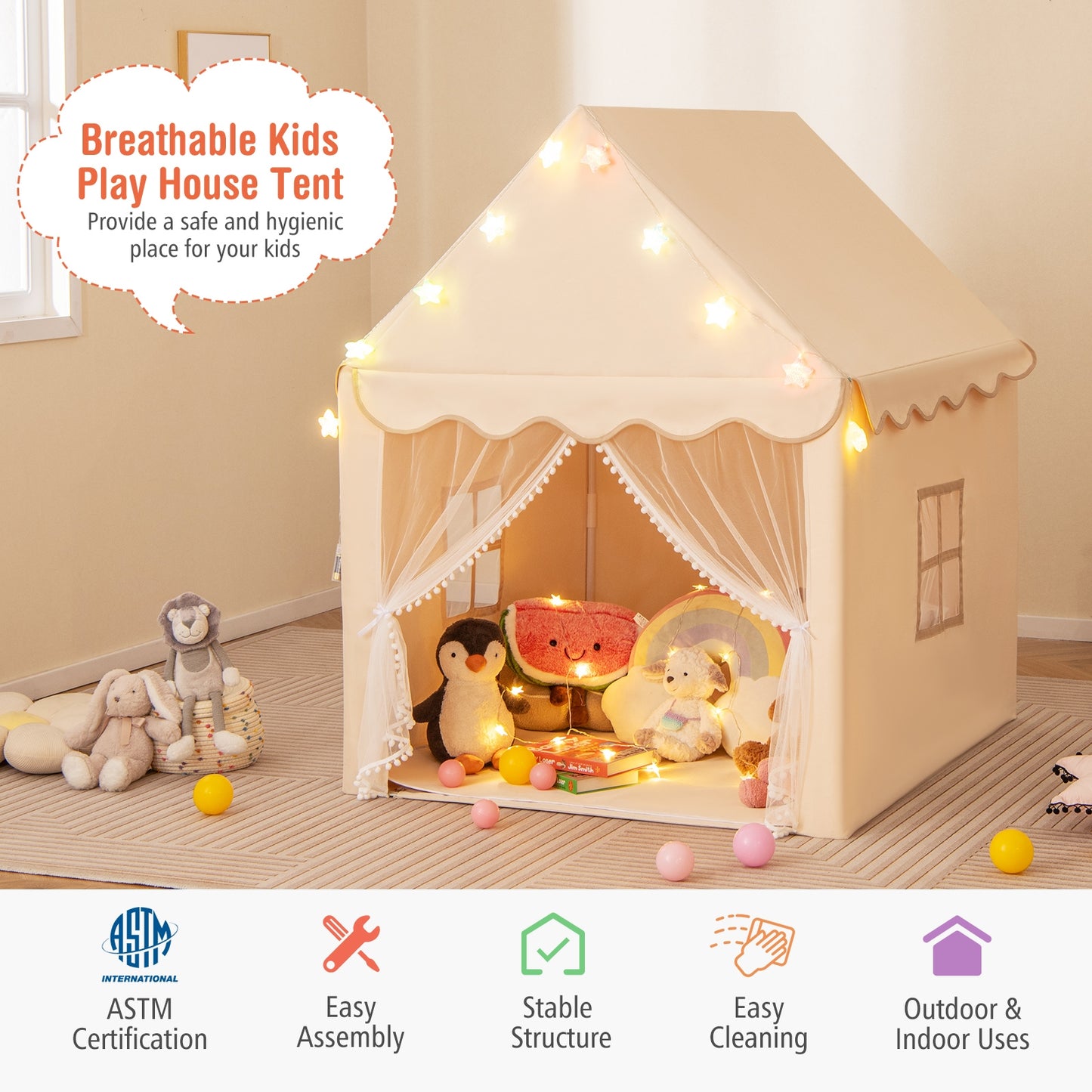 Kids Playhouse Tent with Star Lights and Mat-Beige Kids Crystal