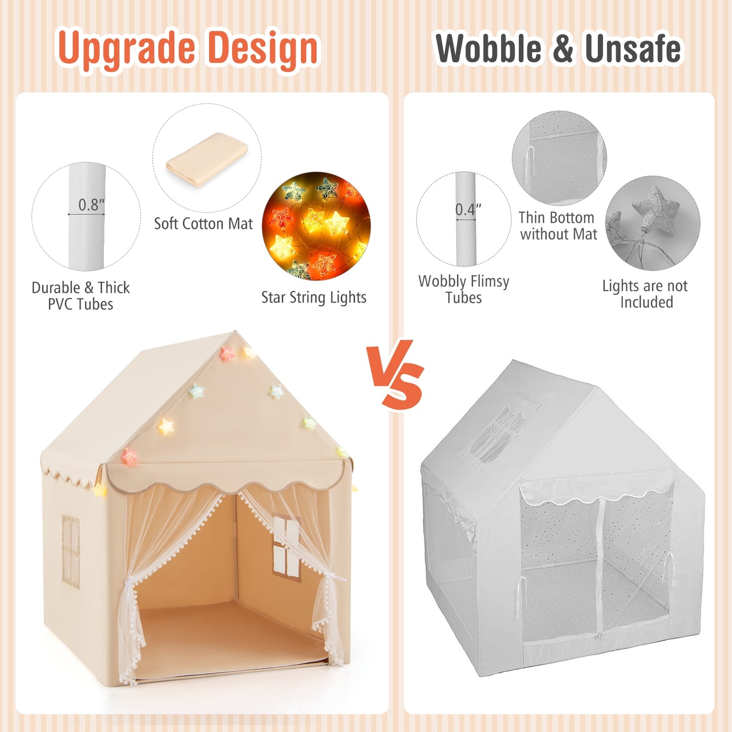 Kids Playhouse Tent with Star Lights and Mat-Beige Kids Crystal
