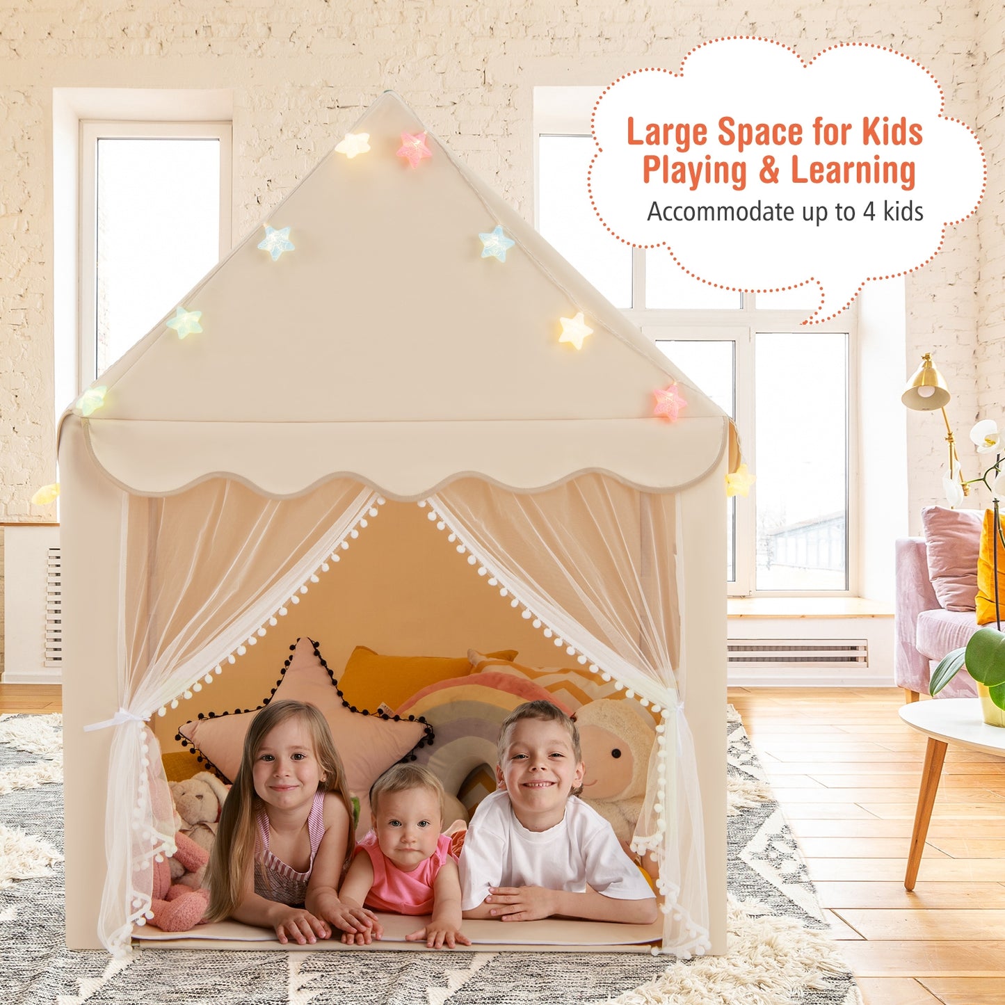 Kids Playhouse Tent with Star Lights and Mat-Beige Kids Crystal