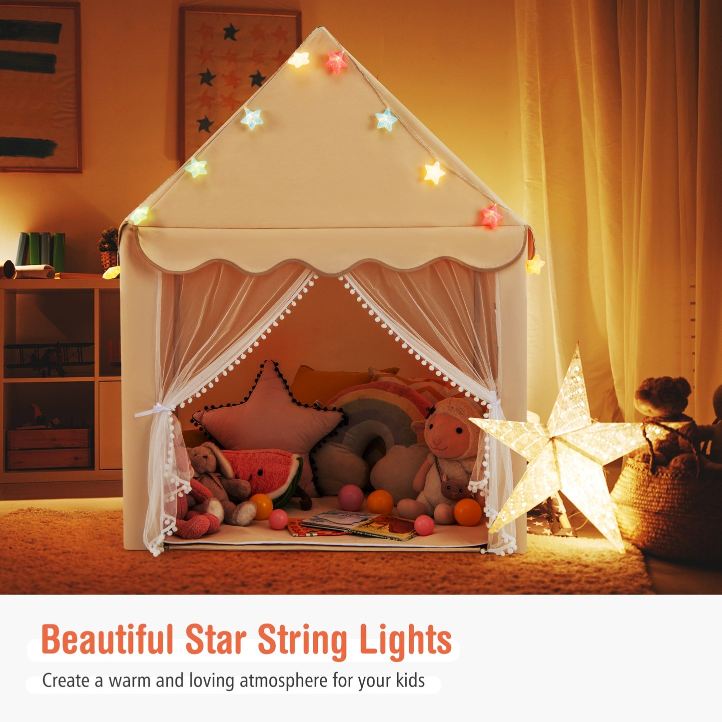 Kids Playhouse Tent with Star Lights and Mat-Beige Kids Crystal
