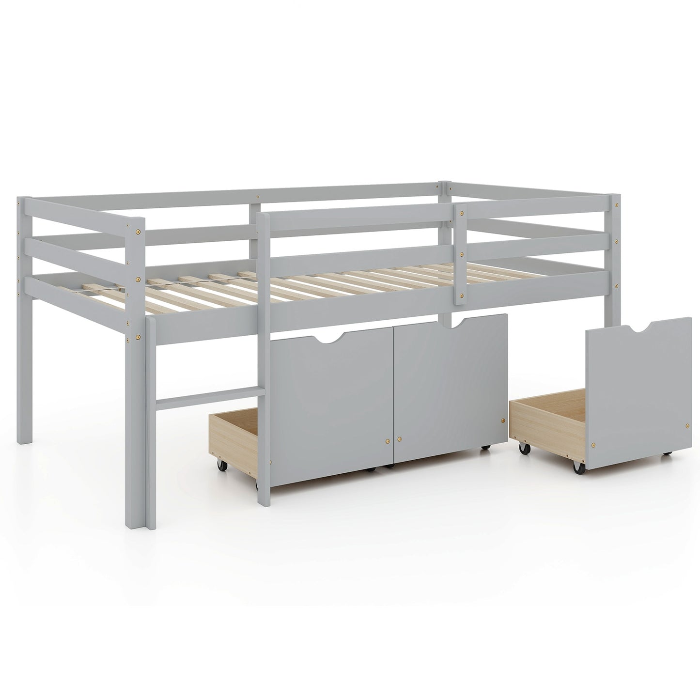 Twin Size Low Loft Bed with 3 Drawers with Ladder and Full-length Guardrails-Gray Kids Crystal