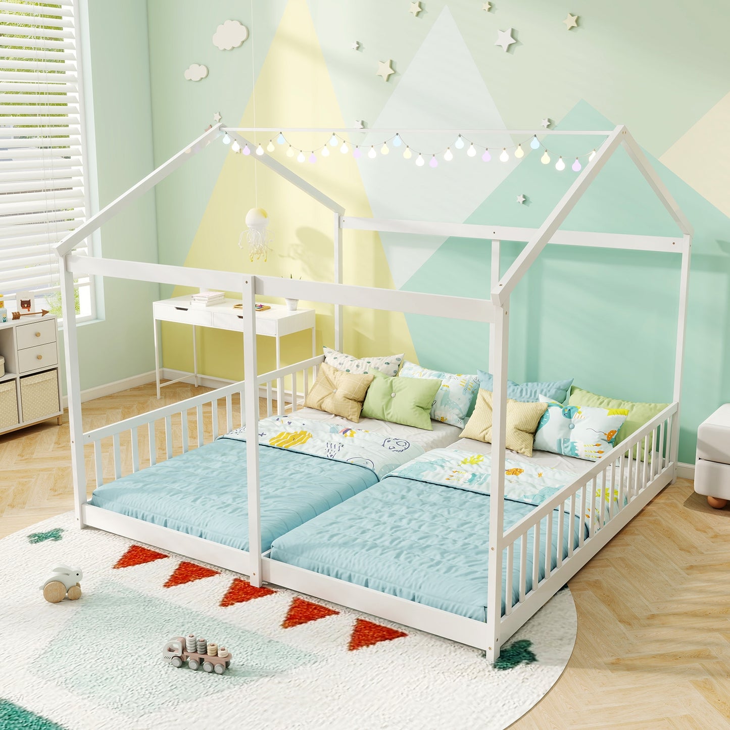 Double Floor Bed for Twins House Beds with Safety Guardrails for 2 Kids-White Kids Crystal