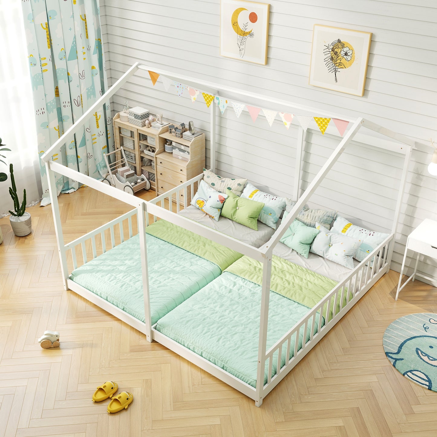 Double Floor Bed for Twins House Beds with Safety Guardrails for 2 Kids-White Kids Crystal