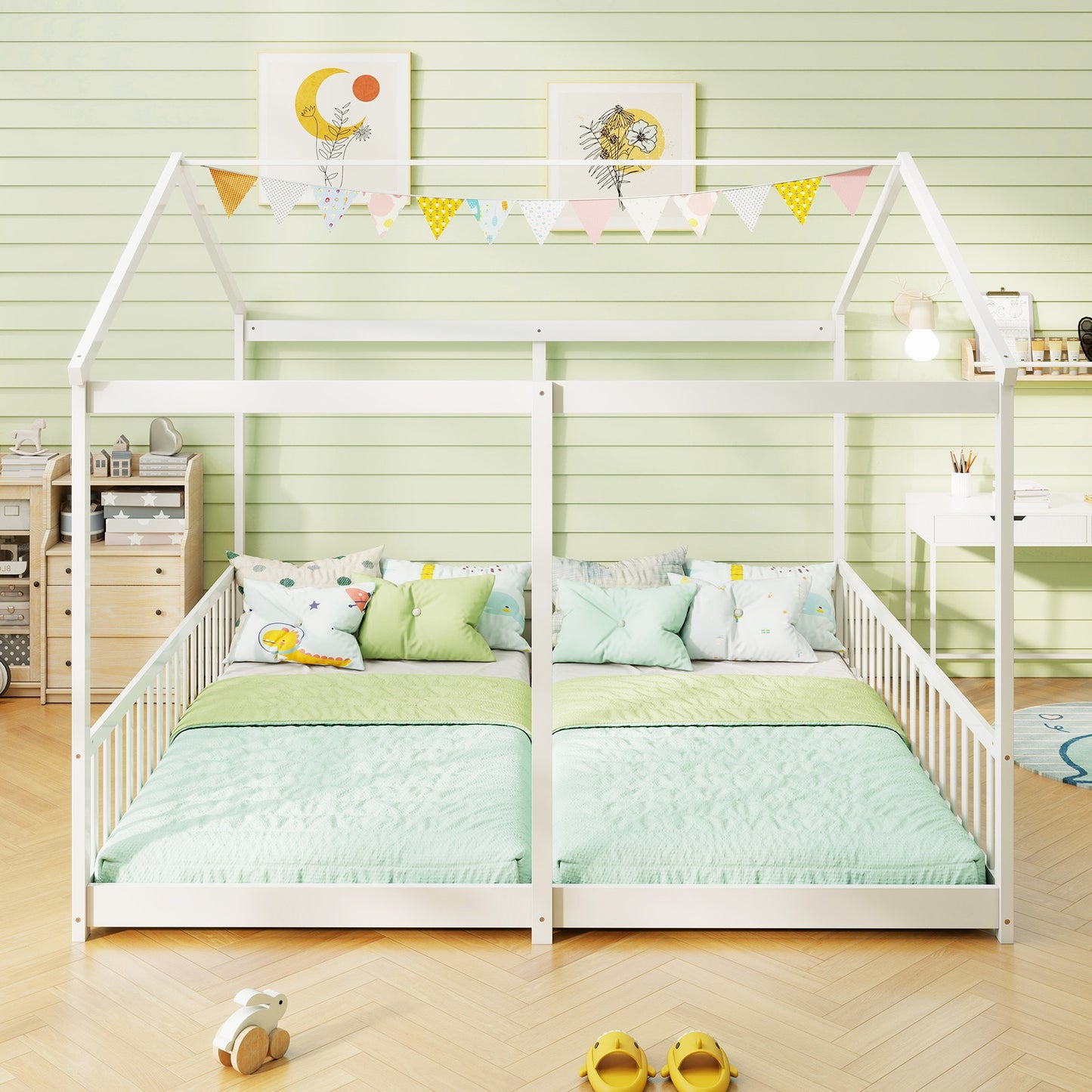 Double Floor Bed for Twins House Beds with Safety Guardrails for 2 Kids-White Kids Crystal