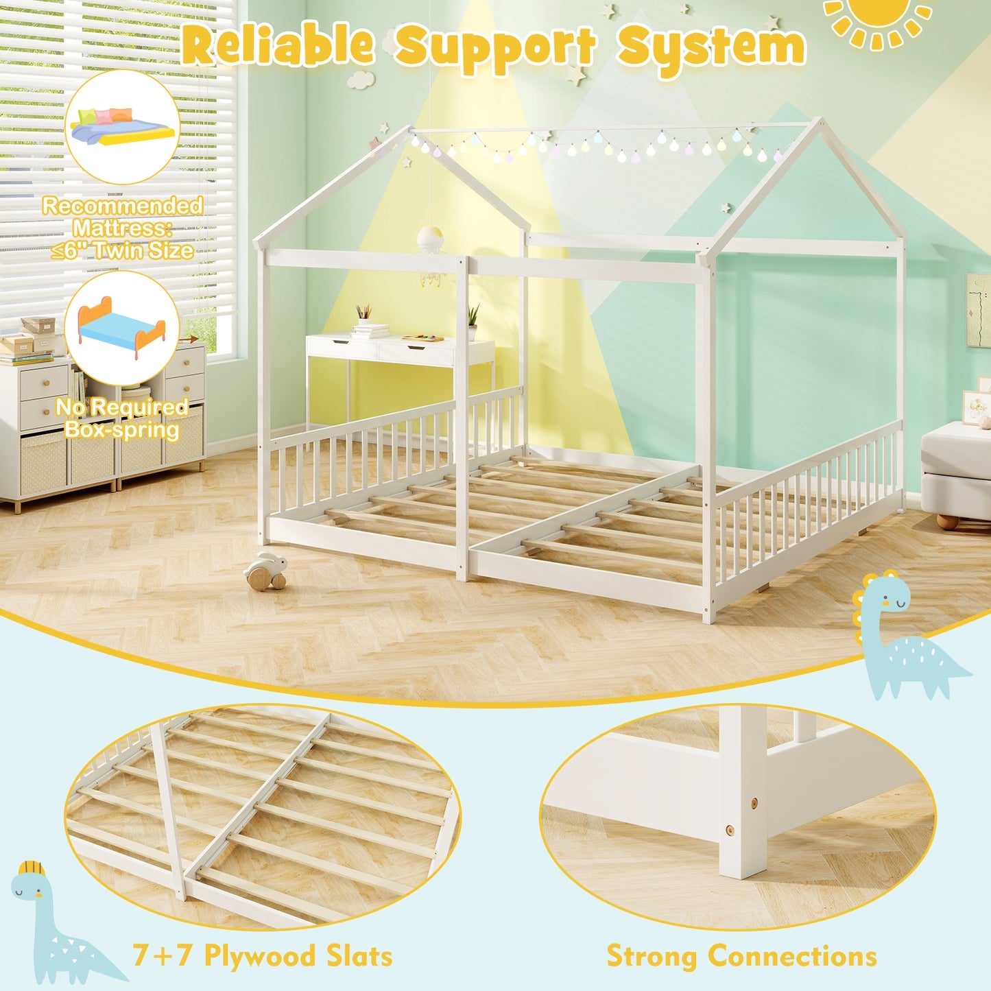 Double Floor Bed for Twins House Beds with Safety Guardrails for 2 Kids-White Kids Crystal