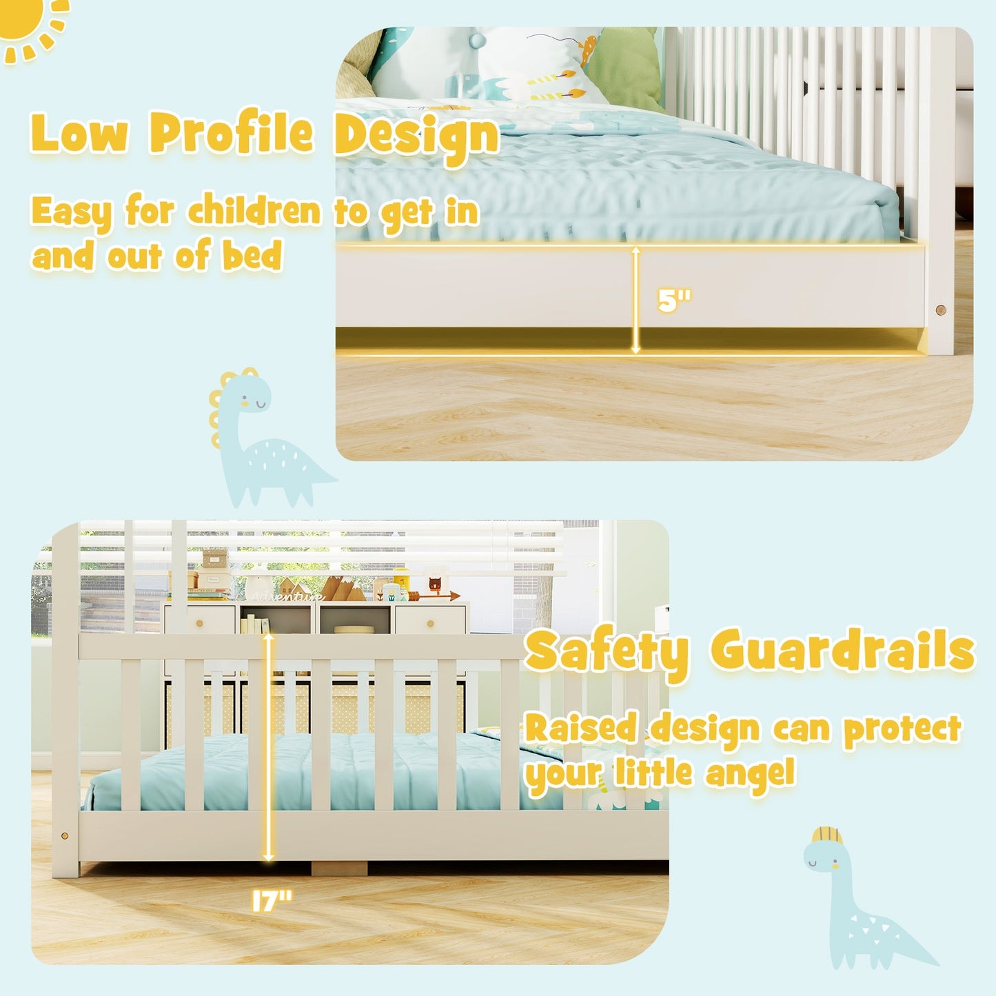 Double Floor Bed for Twins House Beds with Safety Guardrails for 2 Kids-White Kids Crystal