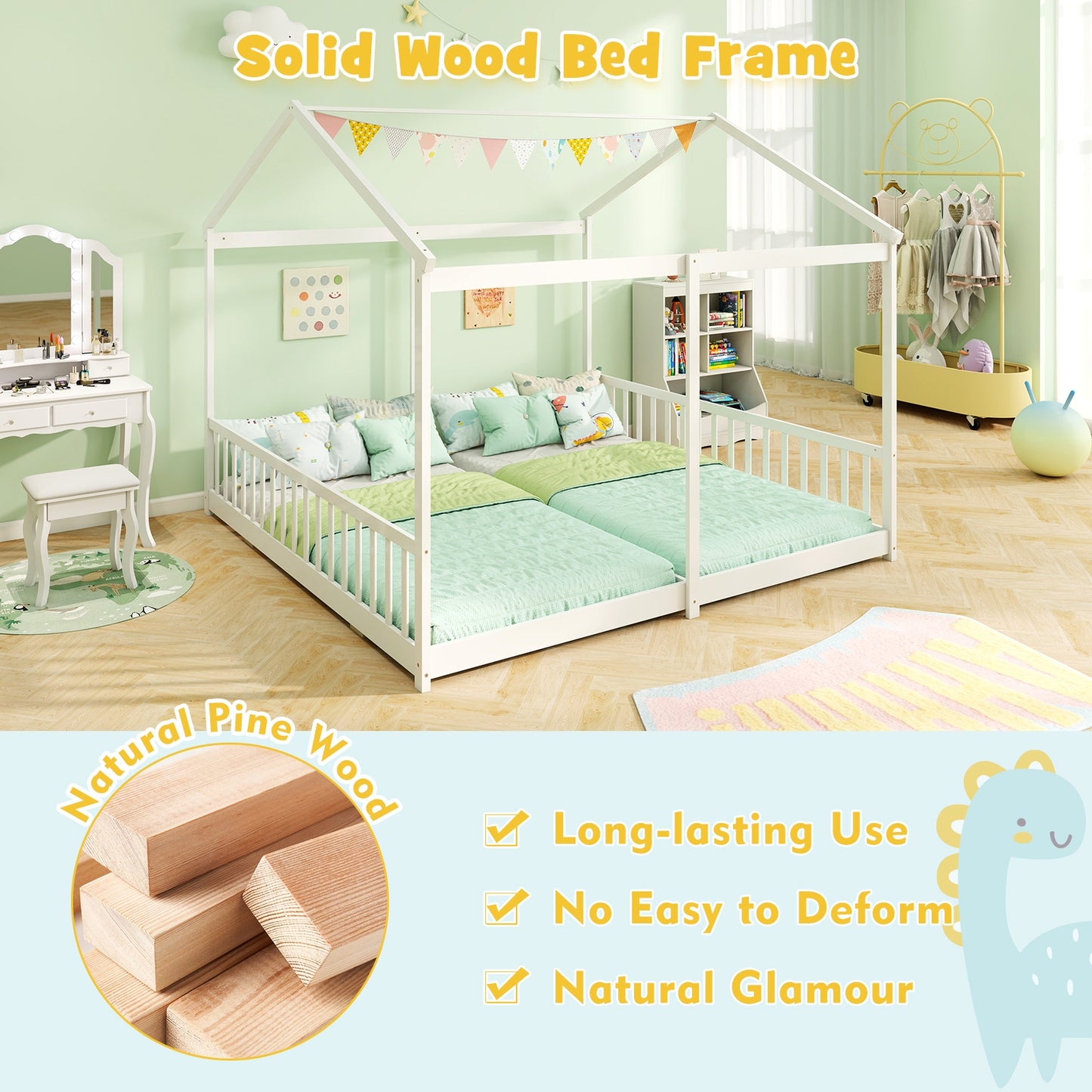 Double Floor Bed for Twins House Beds with Safety Guardrails for 2 Kids-White Kids Crystal