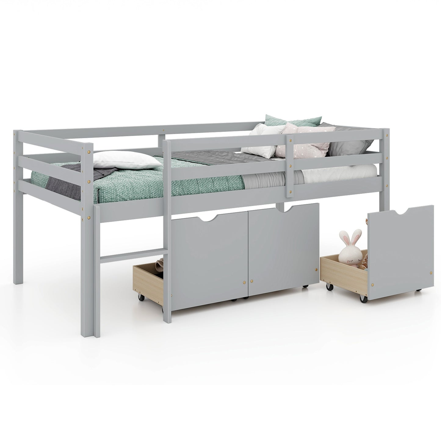 Twin Size Low Loft Bed with 3 Drawers with Ladder and Full-length Guardrails-Gray Kids Crystal
