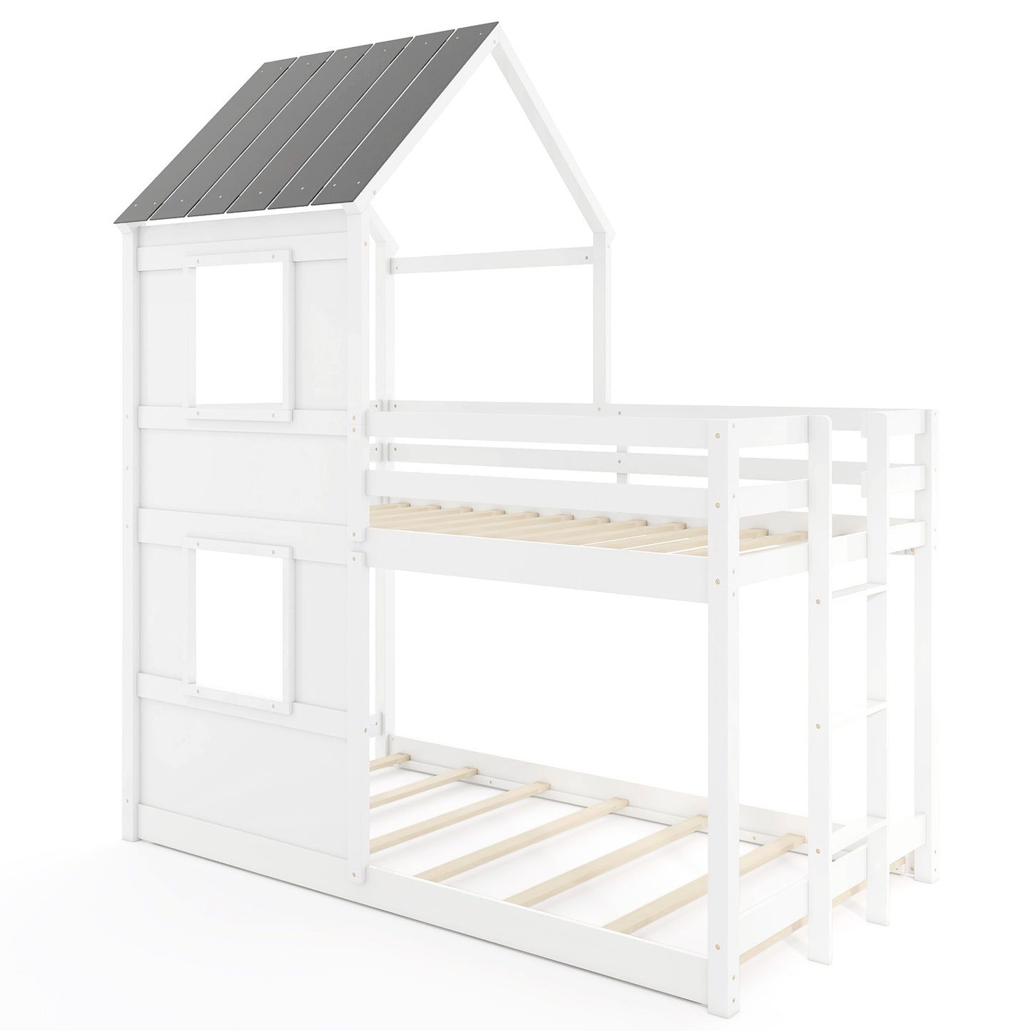 Wooden Twin Over Twin Bunk Bed with Full-length Safety Guardrail and Ladder-White and Gray Kids Crystal