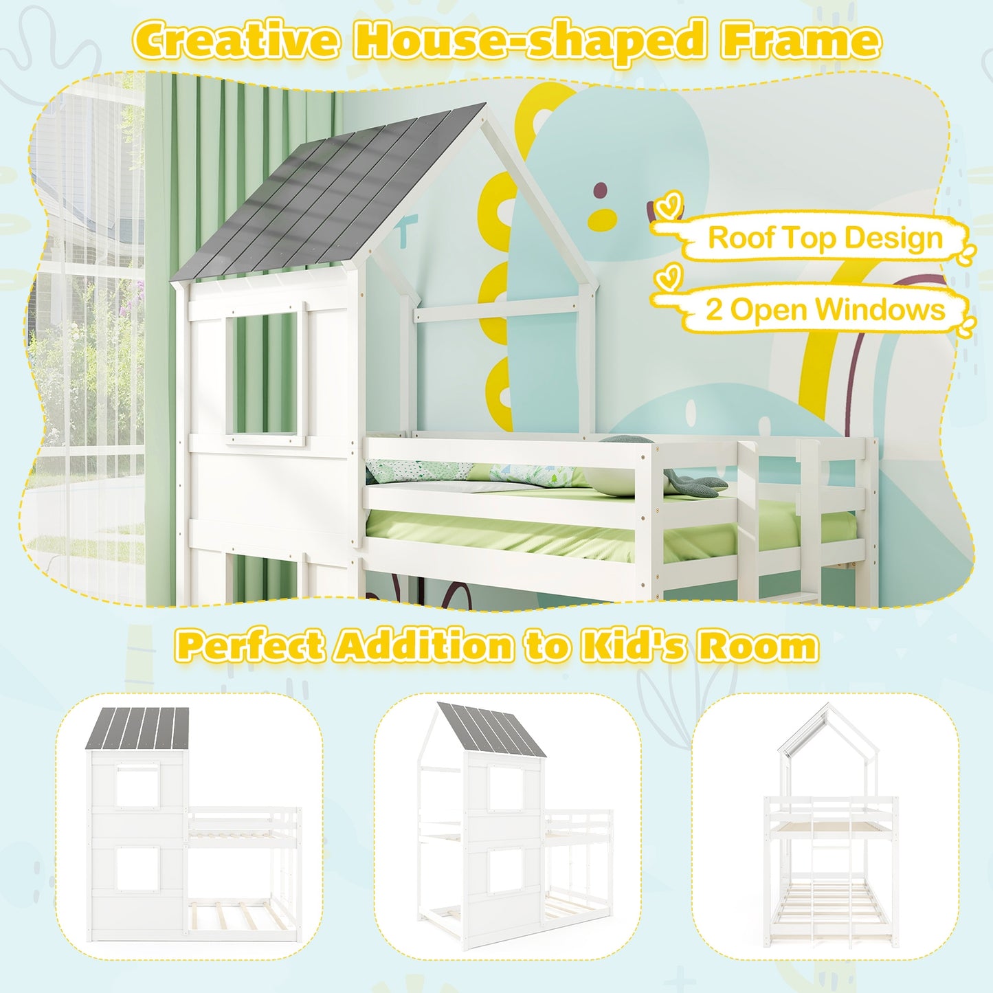 Wooden Twin Over Twin Bunk Bed with Full-length Safety Guardrail and Ladder-White and Gray Kids Crystal