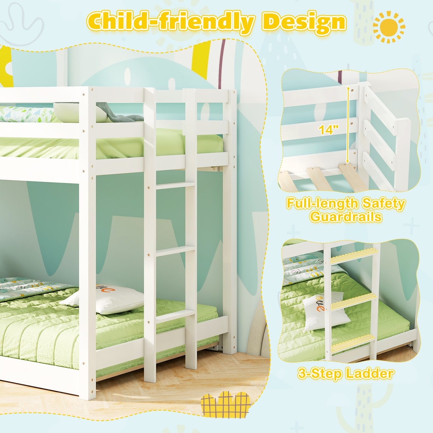 Wooden Twin Over Twin Bunk Bed with Full-length Safety Guardrail and Ladder-White and Gray Kids Crystal