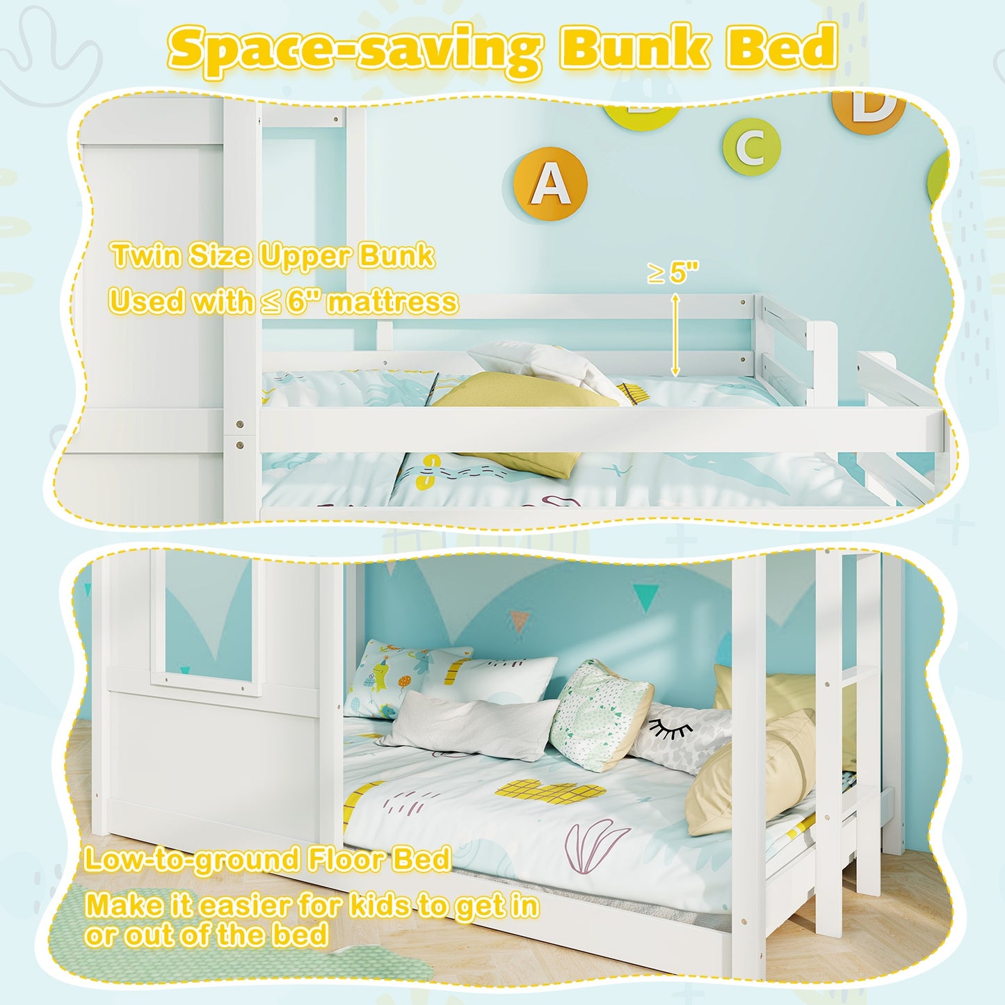 Wooden Twin Over Twin Bunk Bed with Full-length Safety Guardrail and Ladder-White and Gray Kids Crystal