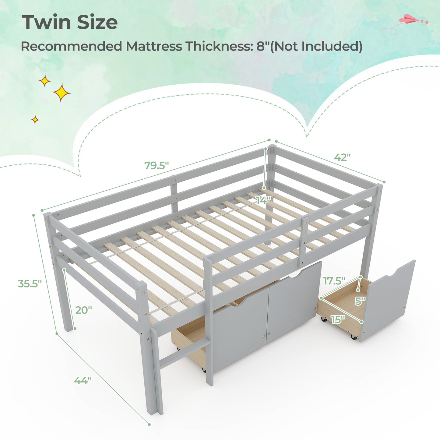 Twin Size Low Loft Bed with 3 Drawers with Ladder and Full-length Guardrails-Gray Kids Crystal
