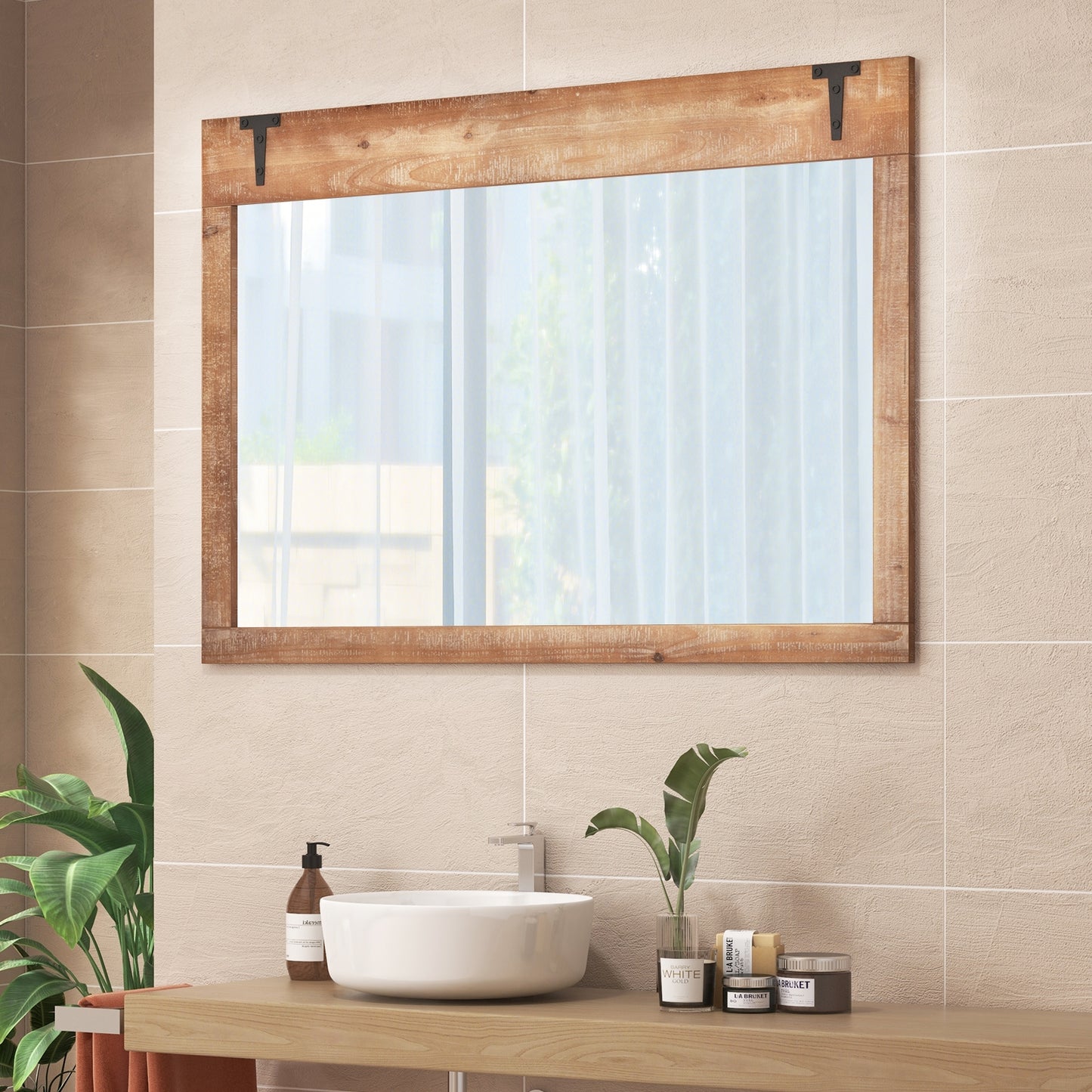39 x 27.5 Inch Farmhouse Rustic Barn Door Wall Mirror with Wood Frame-Natural Kids Crystal
