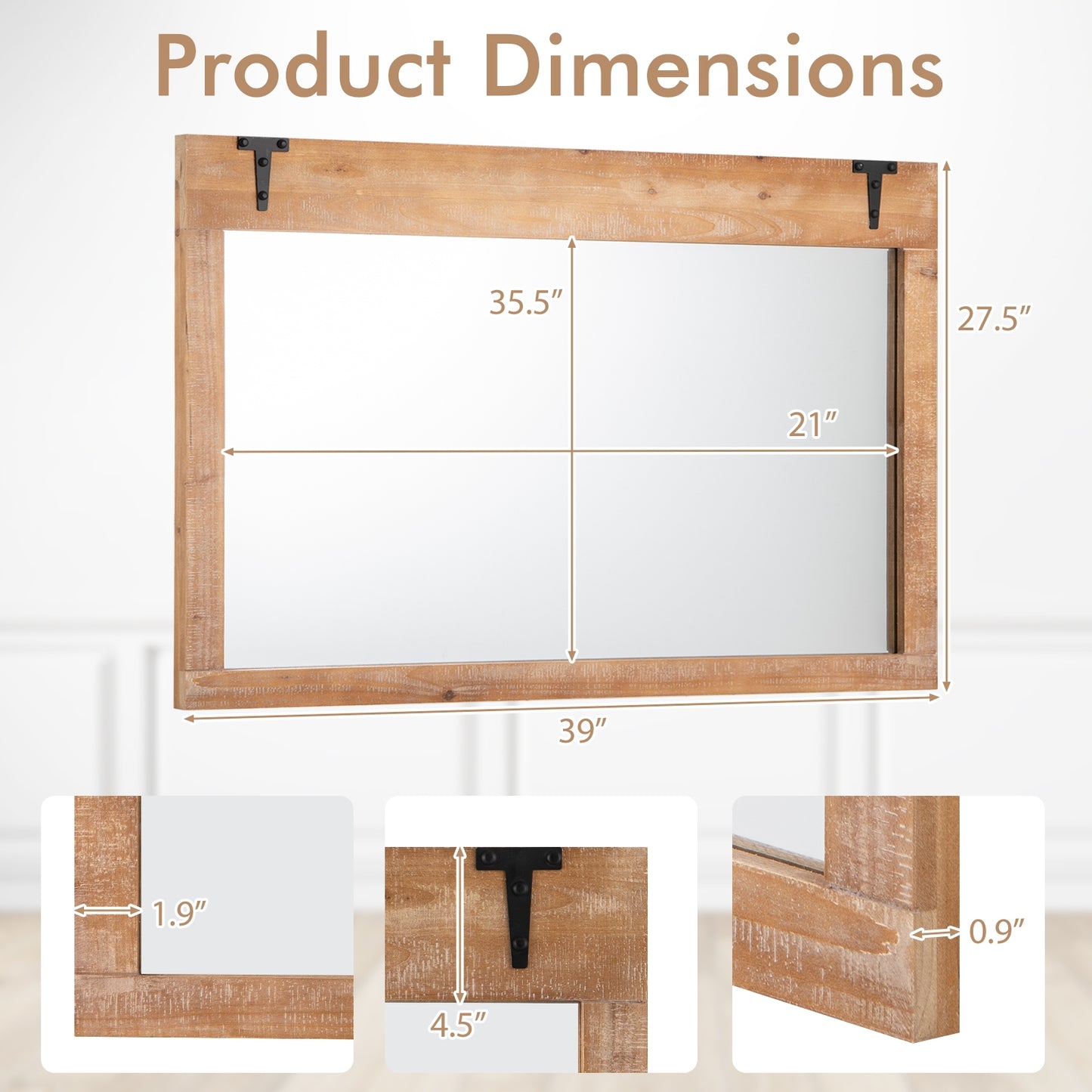 39 x 27.5 Inch Farmhouse Rustic Barn Door Wall Mirror with Wood Frame-Natural Kids Crystal