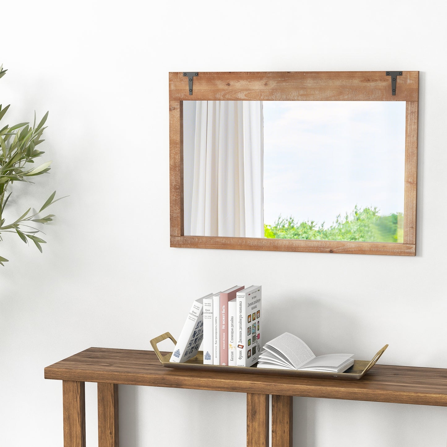 39 x 27.5 Inch Farmhouse Rustic Barn Door Wall Mirror with Wood Frame-Natural Kids Crystal