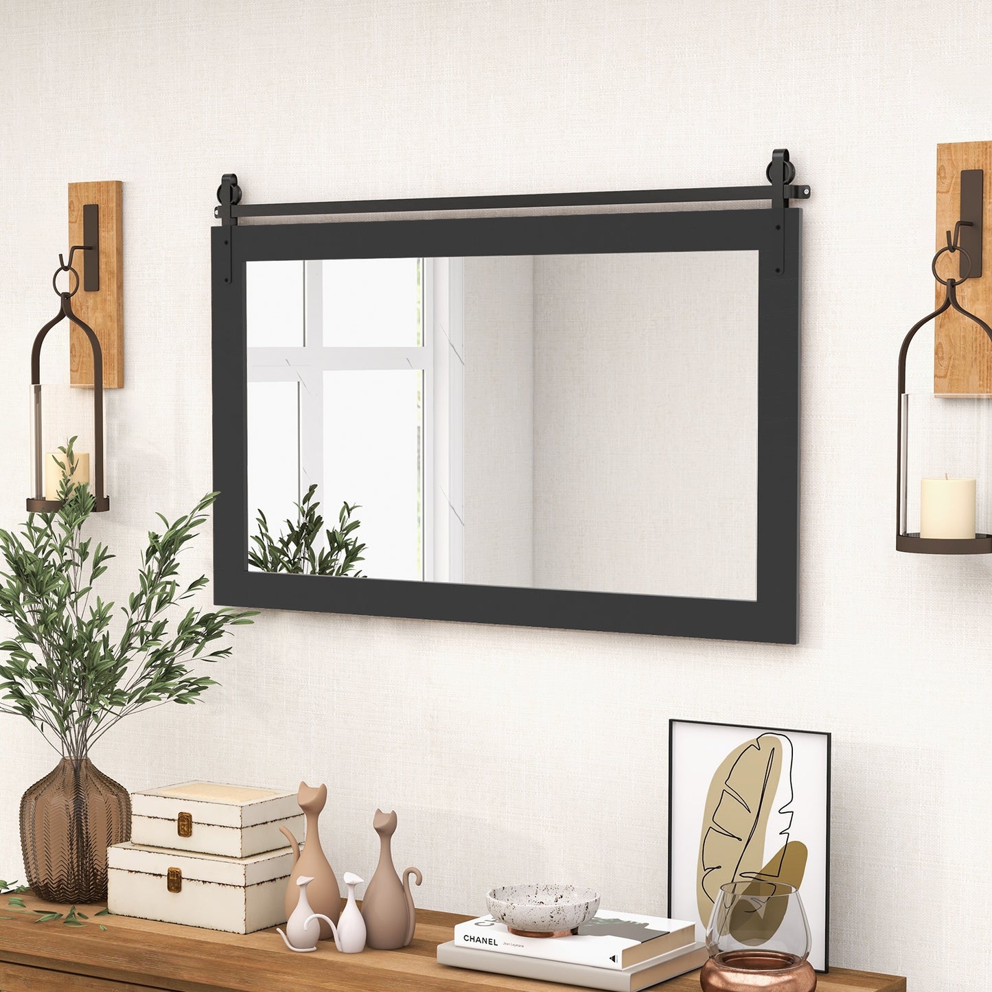 Rectangle Barn Door Style Wall Mounted Mirror with Solid Wood Frame-Black Kids Crystal