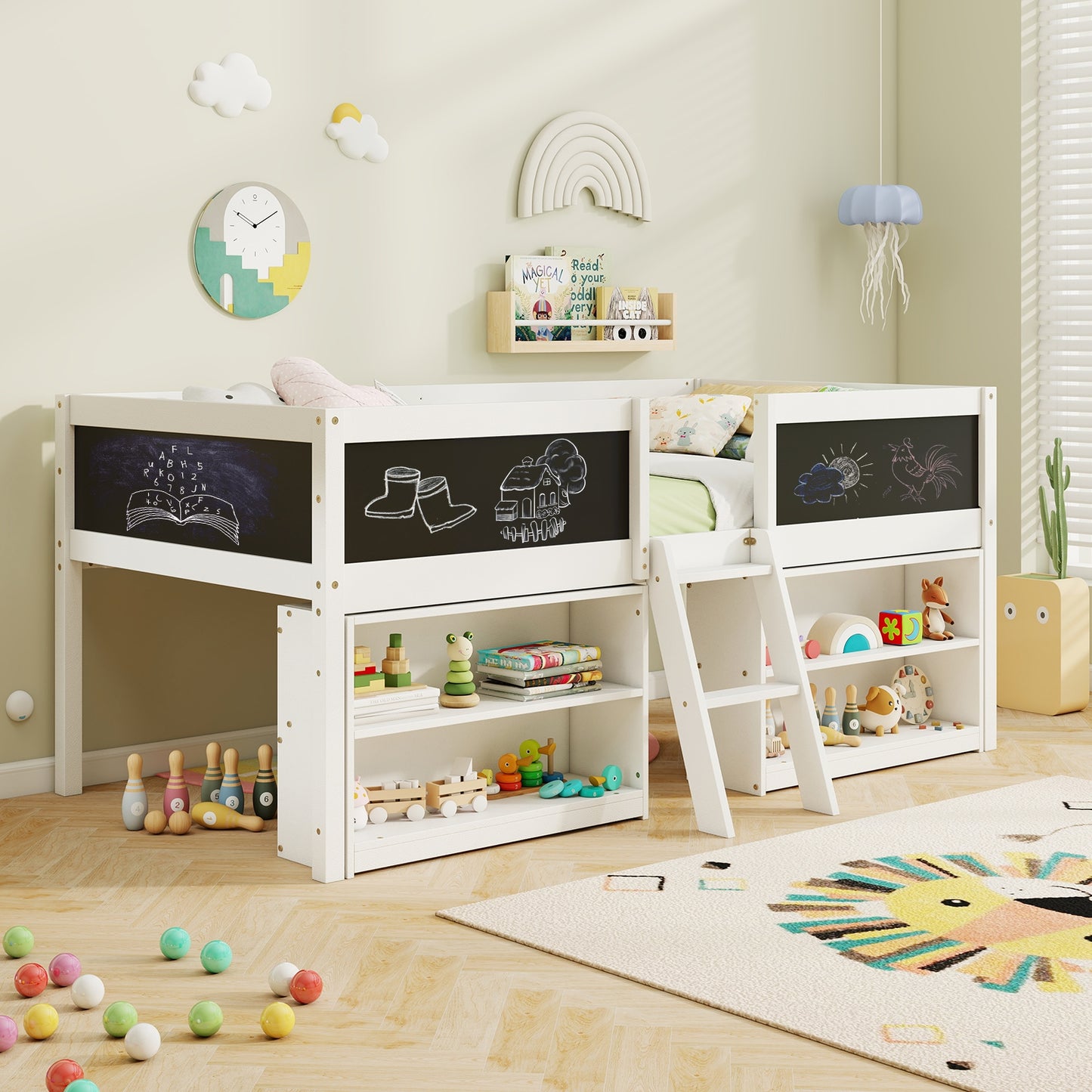 Kid Twin Size Low Loft Bed with Chalkboard Ramp Ladder and Bookcases-White Kids Crystal